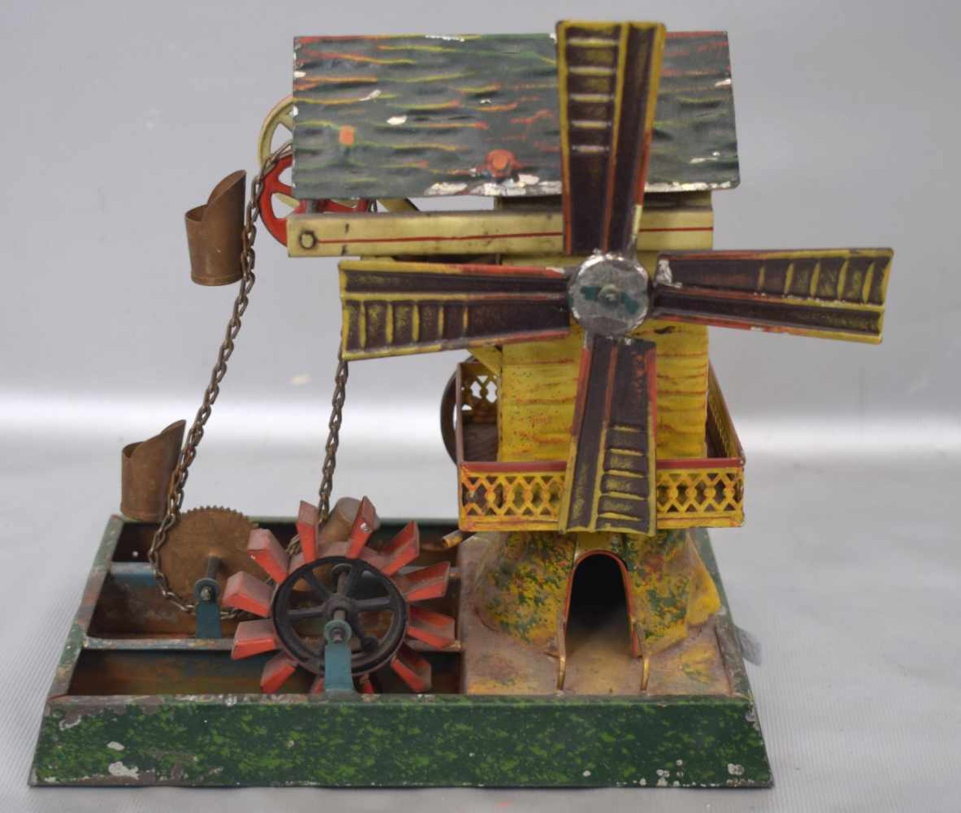 WindmühleBlech, bunt bemalt, Dampfmaschinenantrieb, H 19 cm, L 21 cm