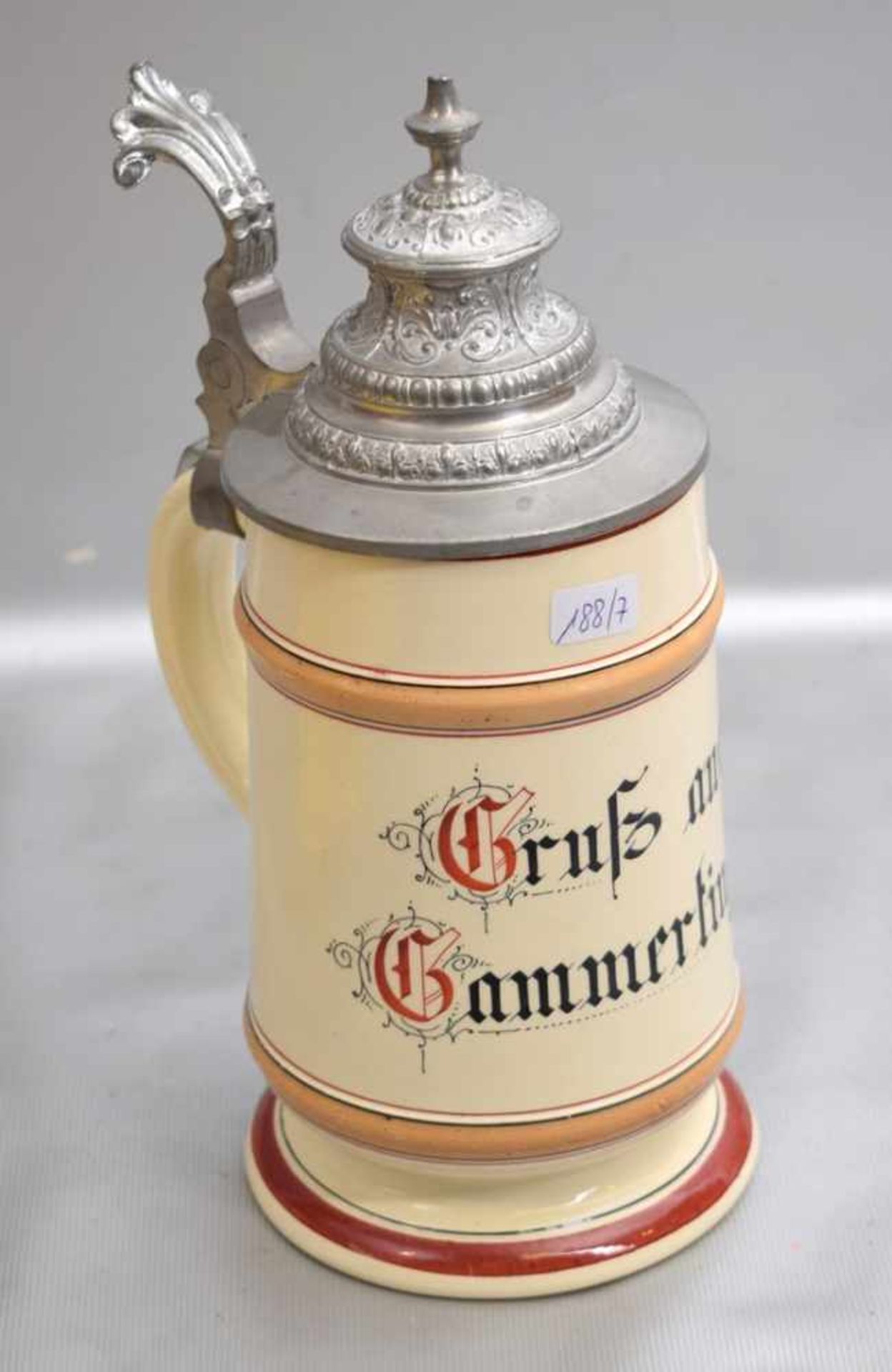 BierkrugWandung mit Spruch "Gruß aus Gammertingen", Zinndeckel, H 22 cm, um 1900