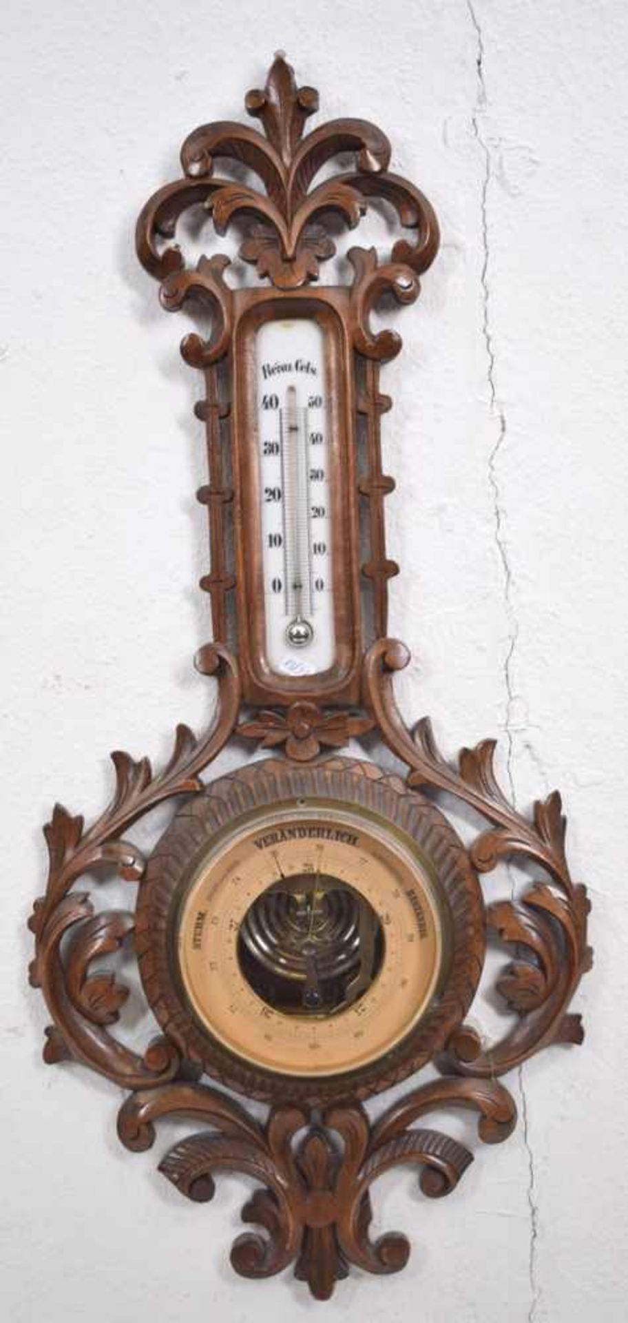 Thermometer/BarometerHartholz, geschnitzt, H 61 cm, B 27 cm, um 1900