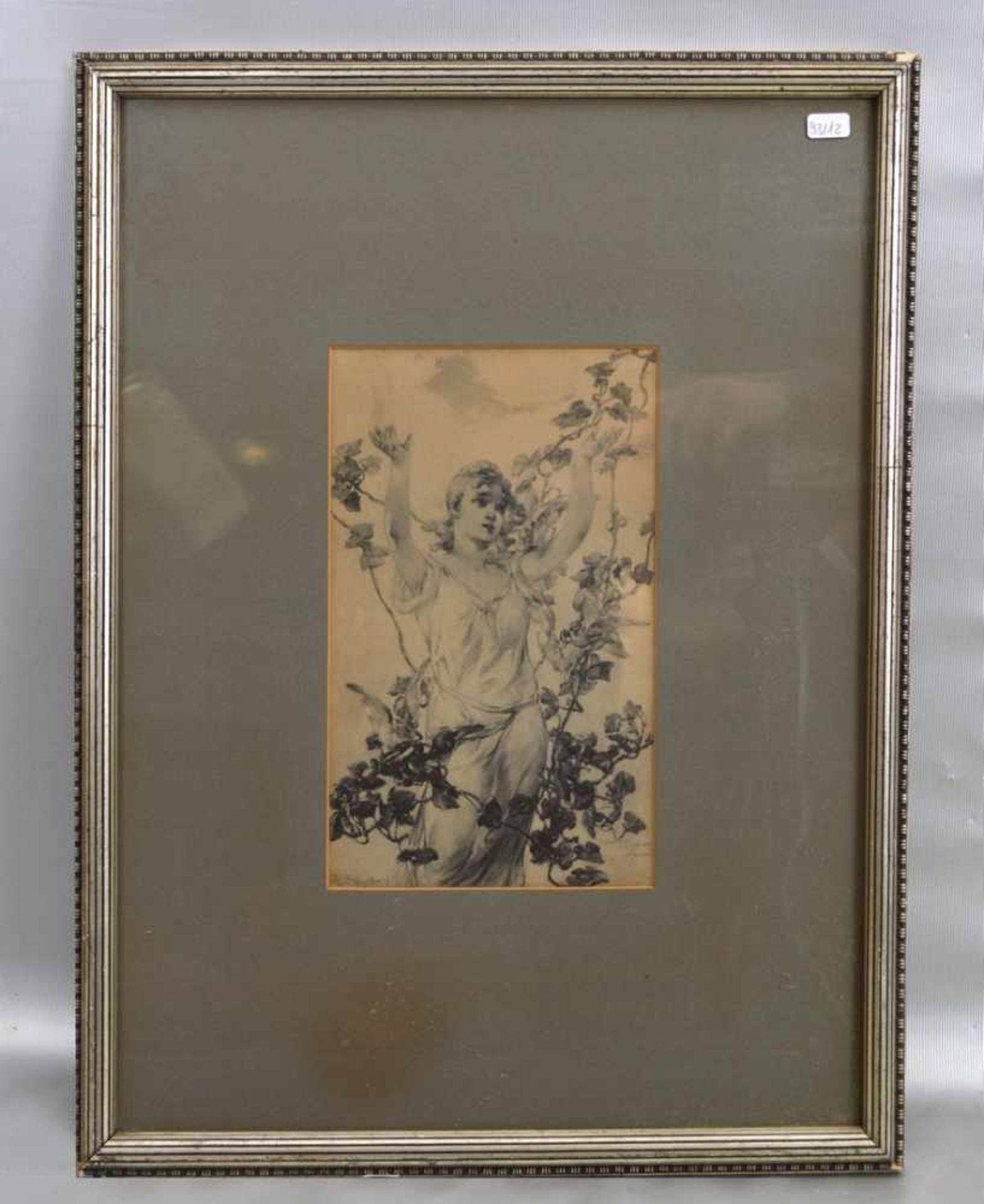 BleistiftzeichnungMädchen mit Ranke und Vögeln, u.l.sign., u.r. beschriftet und dat., 14 X 23 cm, im
