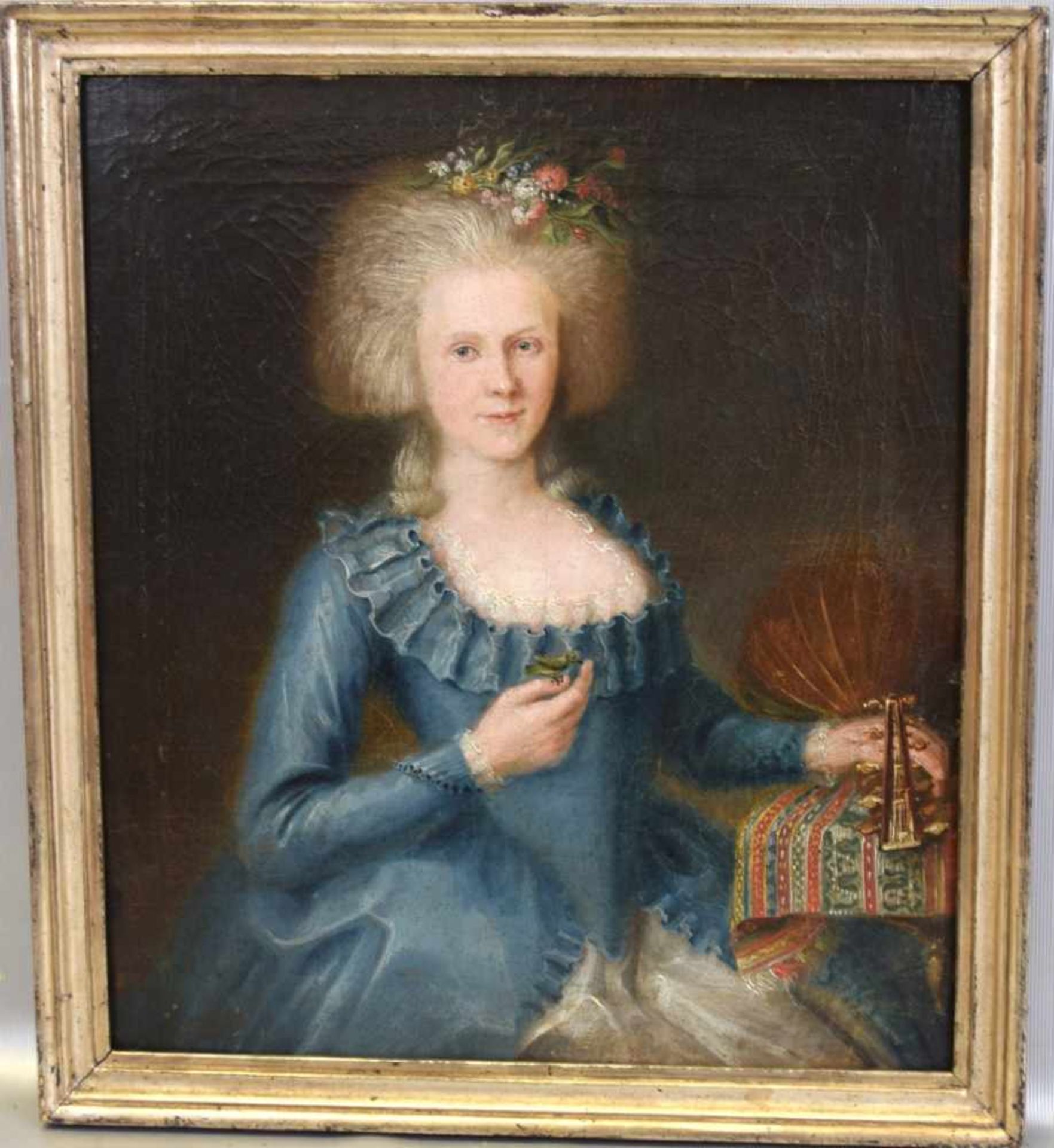 Unbekannter Maler18. Jh., Portrait einer Dame im blauen Kleid mit Mandoline am Tisch sitzend, Öl/