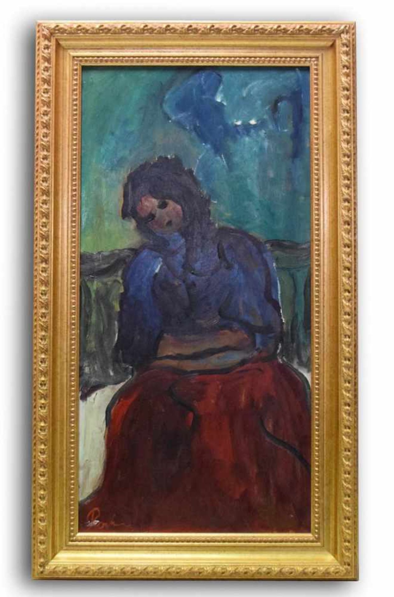 Walter RockerKoblenzer Maler, sitzende Frau in Rot, Öl/Hartfaserplatte, u.l.sign., 31 X 62 cm,