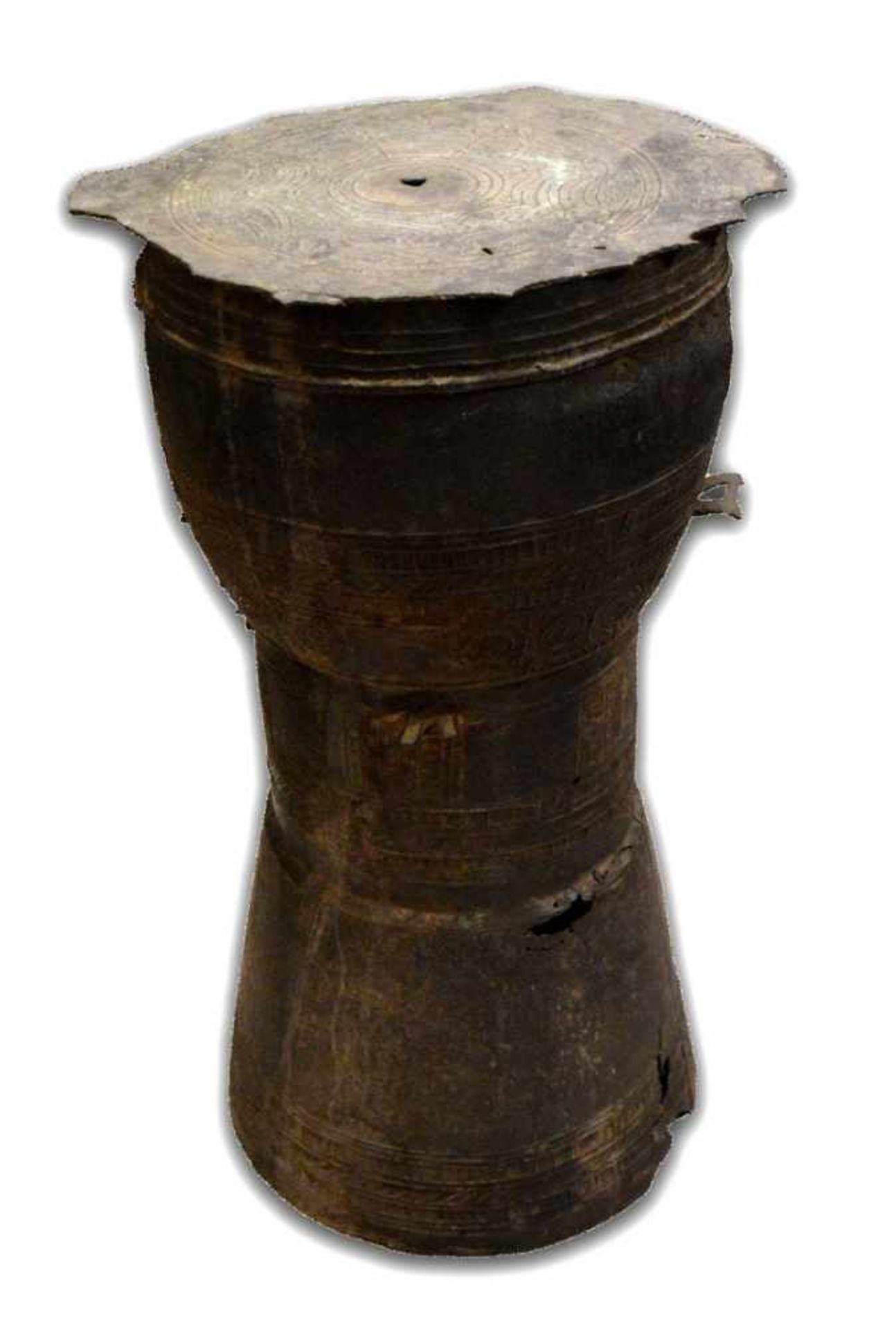 TrommelBronze, rund, graviert verziert, teilweise best., H 61 cm, Dm 34 cm, Vietnam, um 1900