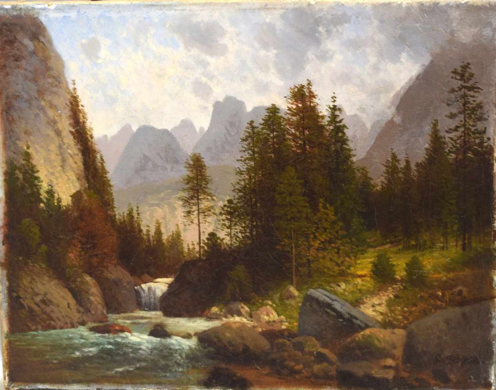 Carl Schmid1837-1871 Wien, Wasserfall im Gebirge, Öl/Lwd., rückseitig mit altem Klebeschild, u.r.