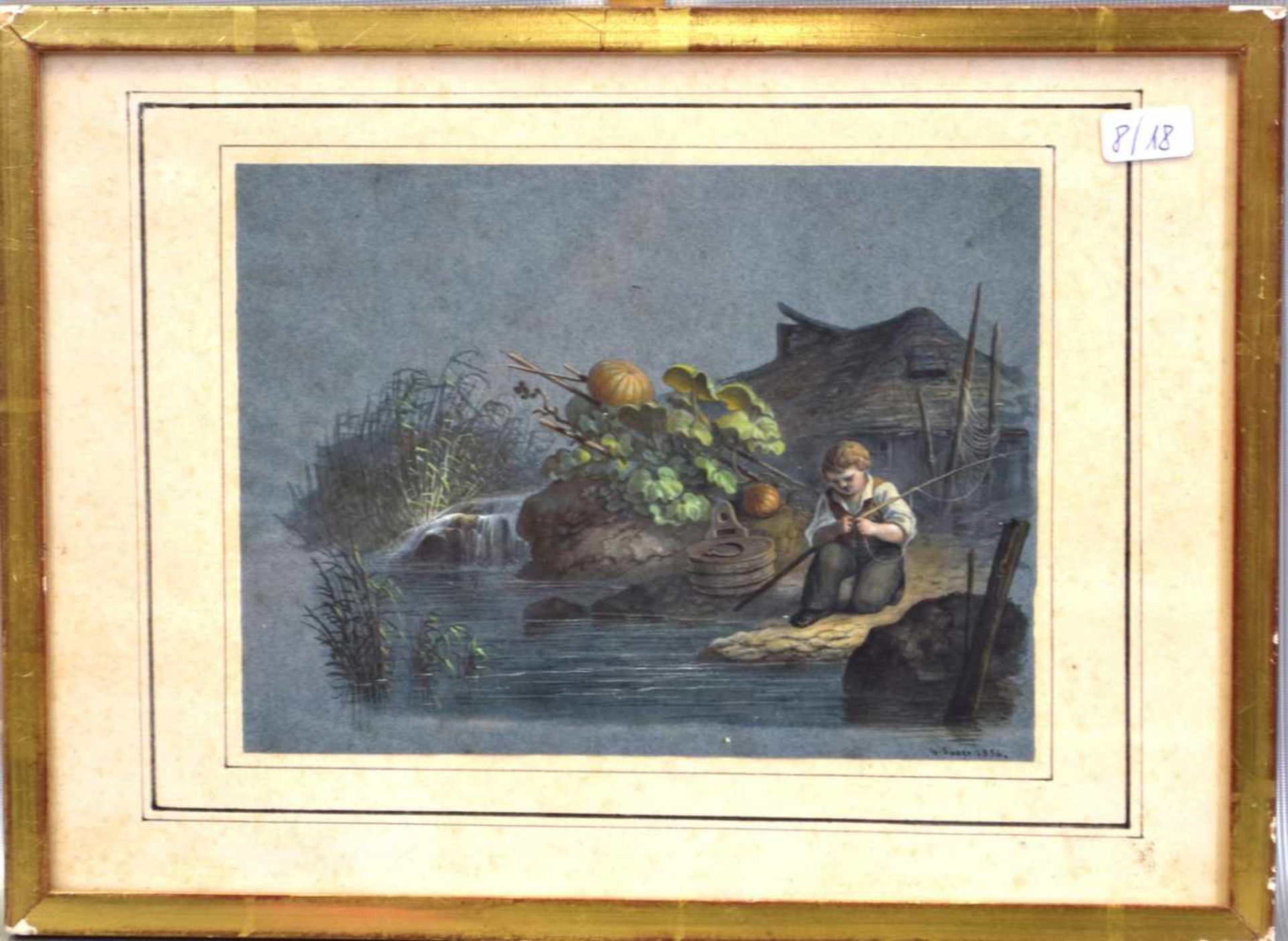 AquarellKnabe mit Angel am Seeufer, im Hintergrund alte Fischerhütte, u.r.sign. und dat. 1854, 12