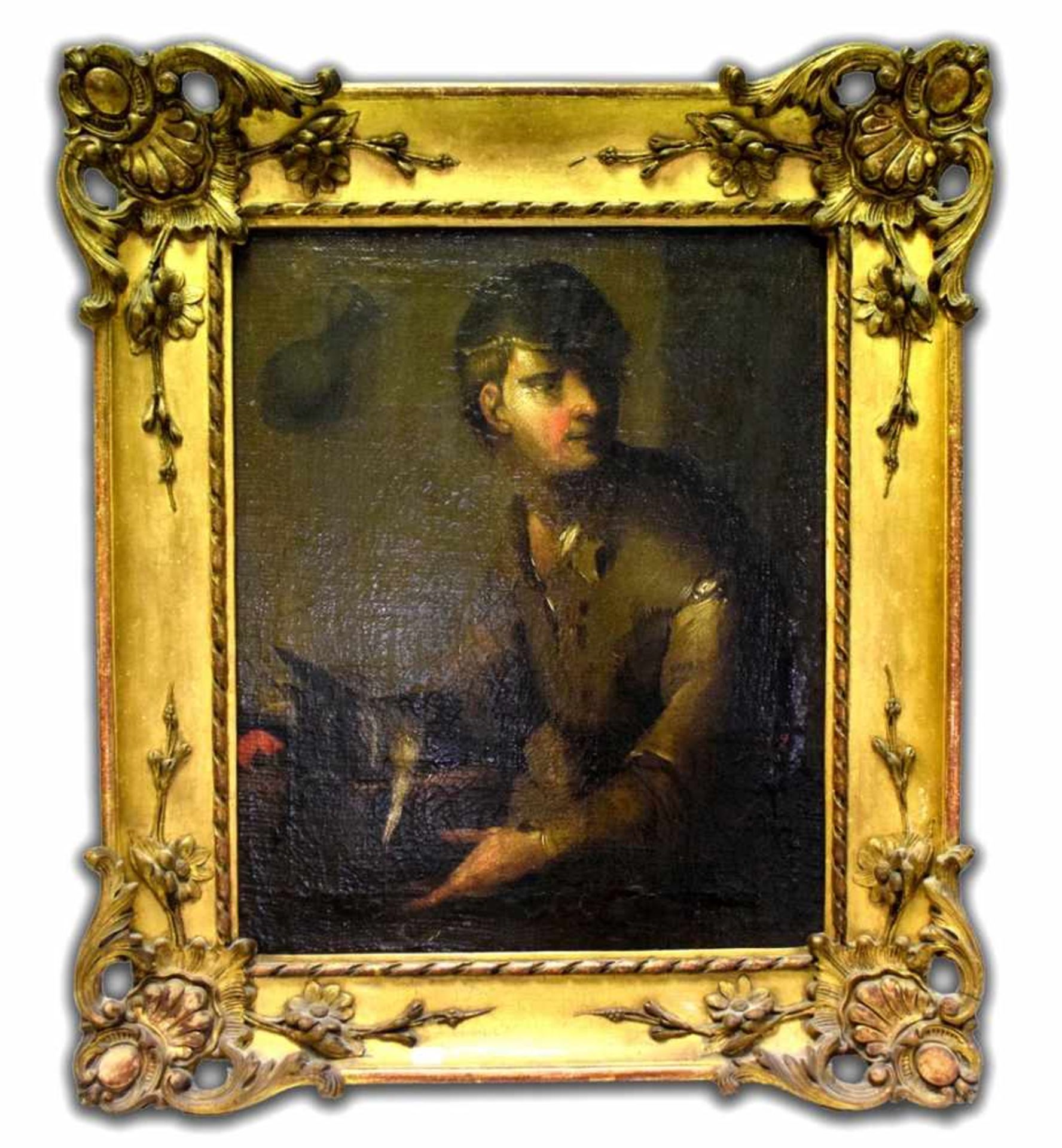 Unbekannter Maler18. Jh., Junge mit Vögeln, Öl/Lwd., 36 X 44 cm, dek. Goldrahmen