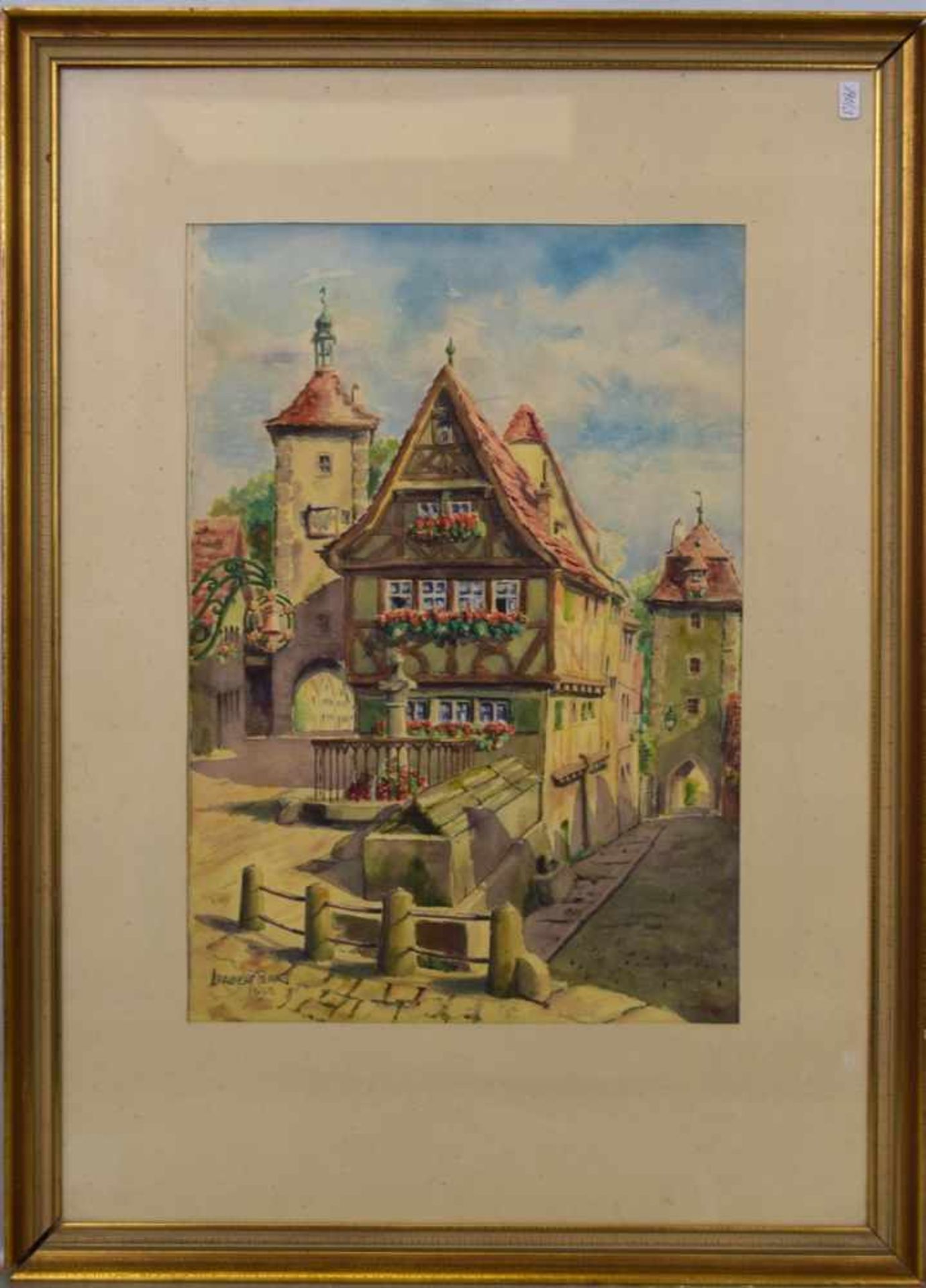AquarellTeilansicht von Rothenburg mit alten Fachwerkhäusern, u.l.sign. Adalbert Perrot und dat.