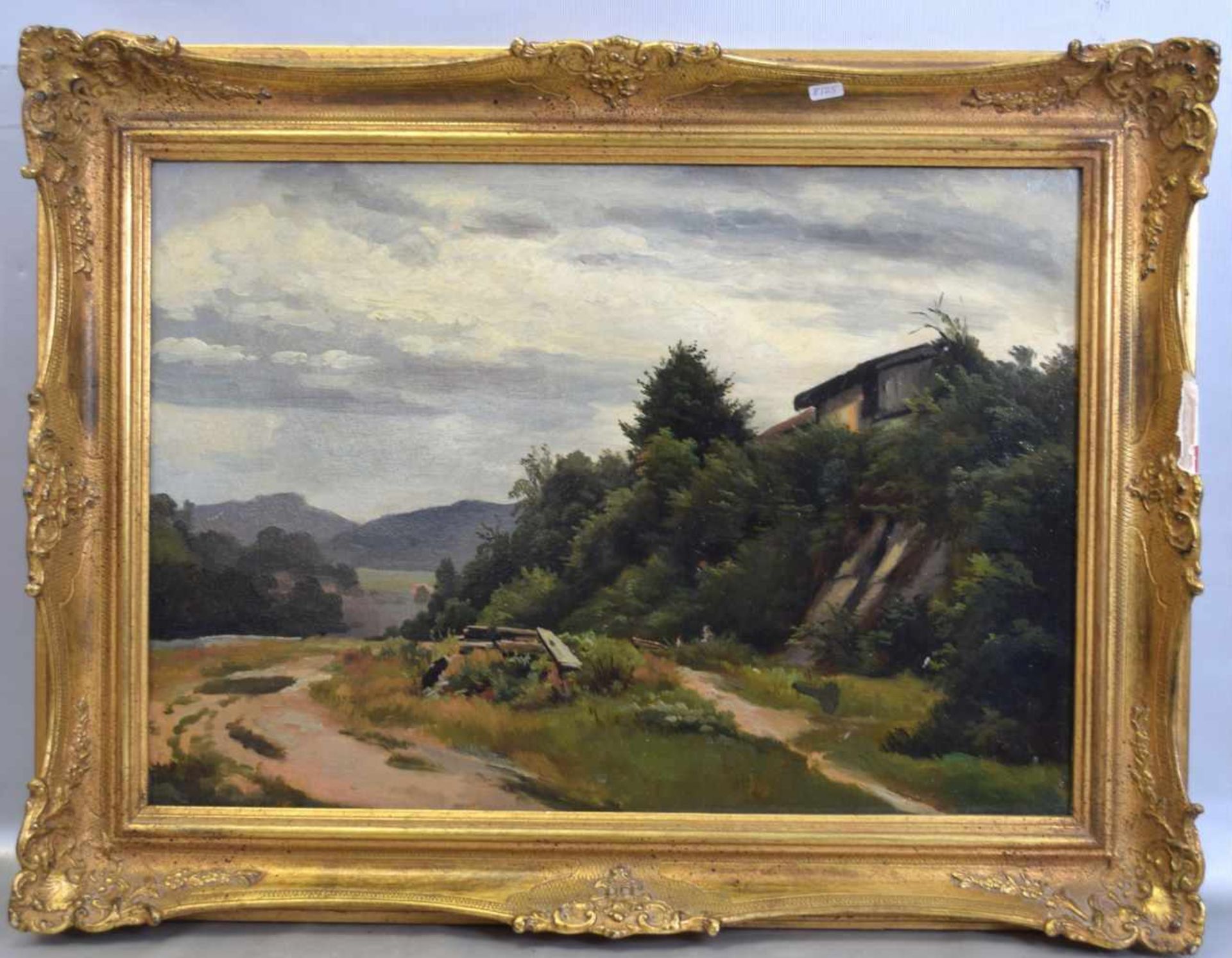 Unbekannter MalerMitte 19. Jh., Landschaft mit Haus im Hang, Öl/Hartfaserplatte, 36 X 51 cm, Rahmen,