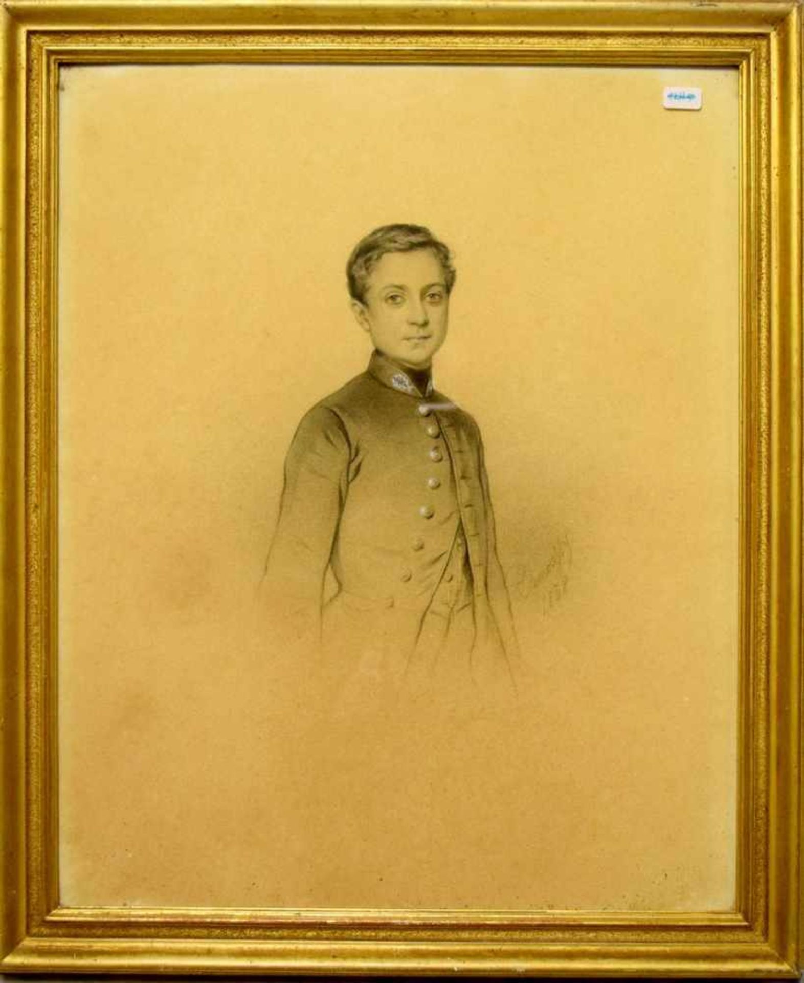 BleistiftzeichnungHalbportrait eines jungen Mannes in Uniform mit verziertem Kragen, mit Namenszug