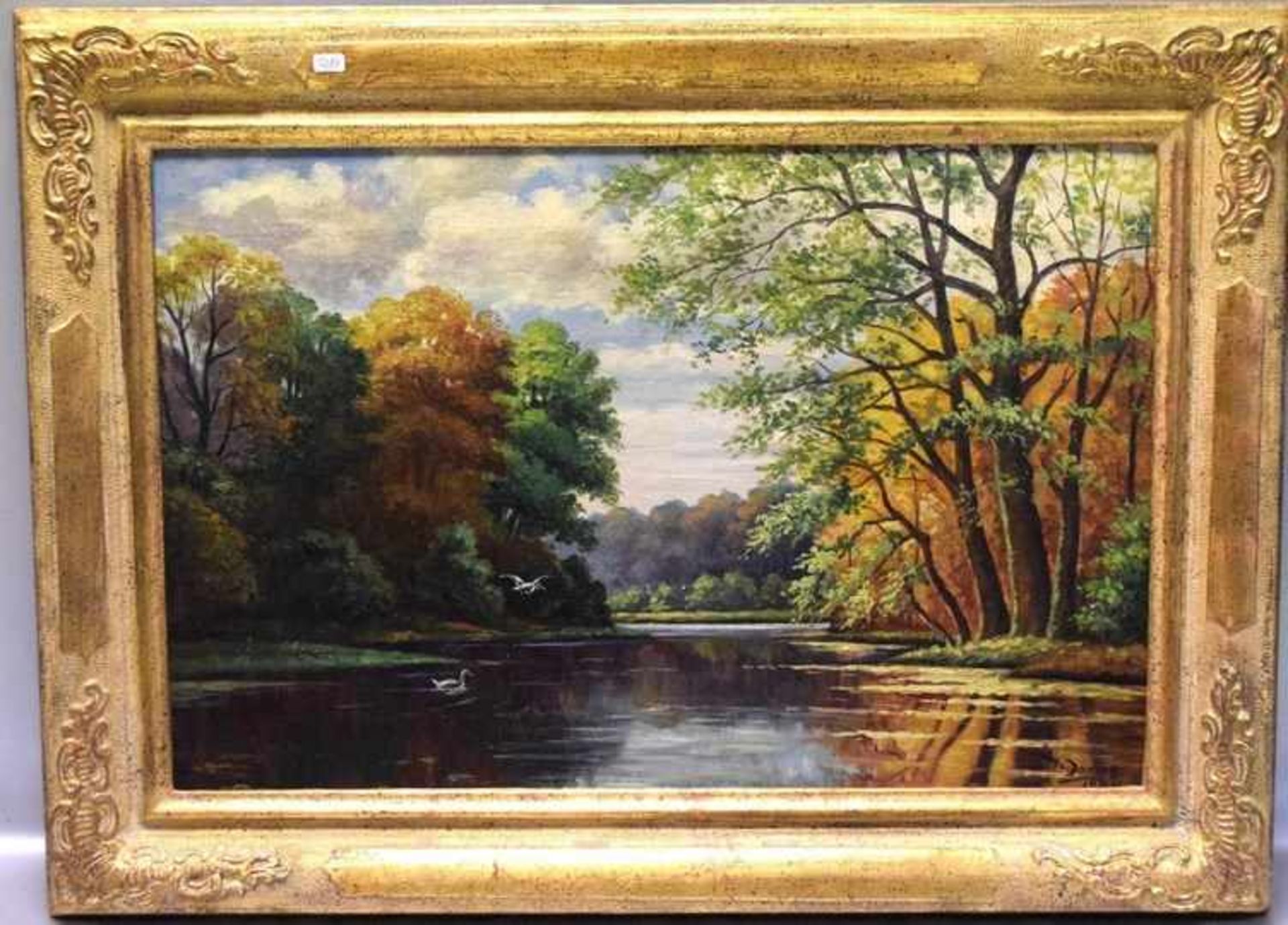 W. Damesdat. 1924, Waldsee mit Enten im Spätsommer, Öl/Lwd., u.r.sign. und dat., 40 X 60 cm,