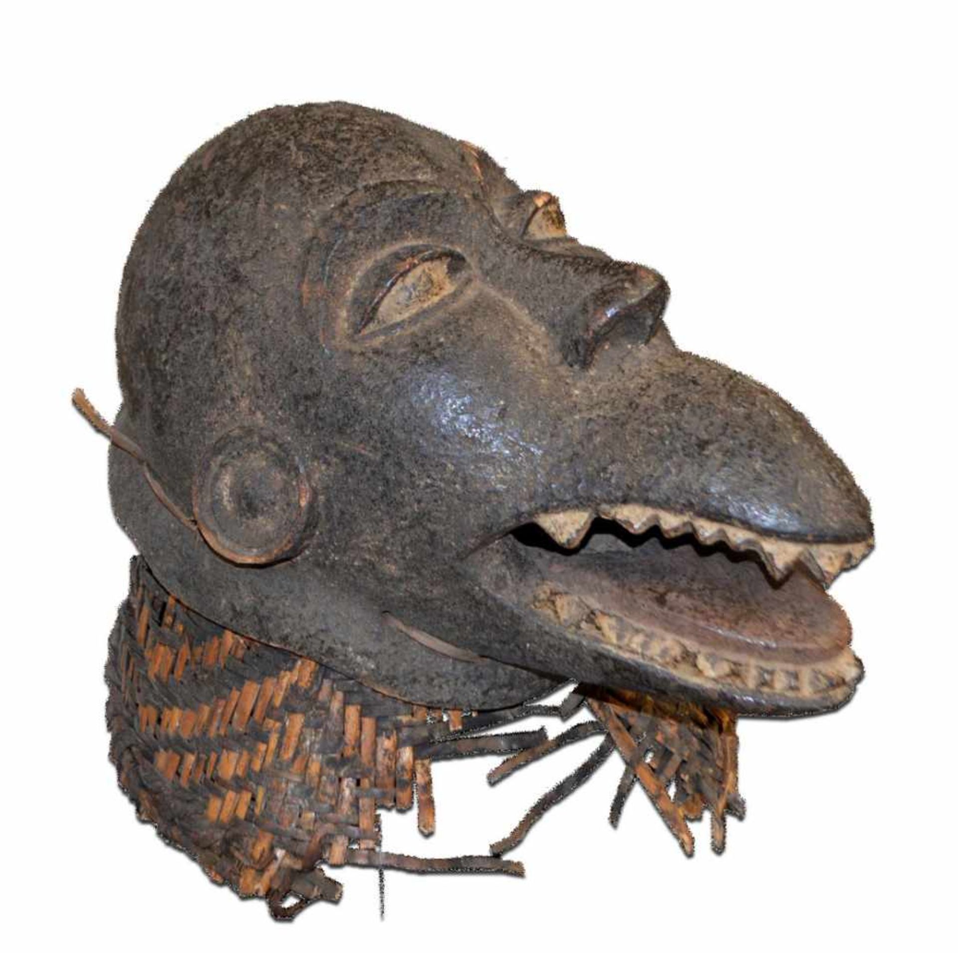 Afrikanische KopfbedeckungHartholz geschnitzt, in Form einer Affenmaske, H 28 cm, L 34 cm, 19. Jh.