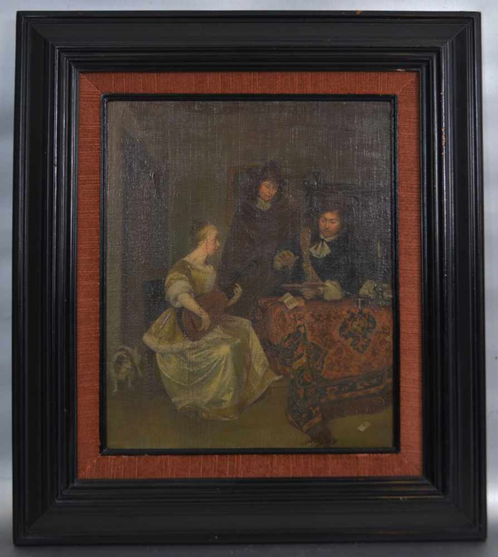 Unbekannter Maler18. Jh., der Musikabend, Frau mit Laute und zwei Herren am Tisch, Öl/Lwd., 25 X