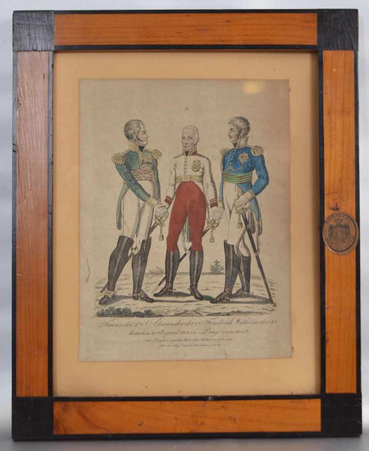 Kupferstichdrei Staatsmänner, Franz I., Alexander I. und Friedrich Wilhelm III. am 18. August 1813