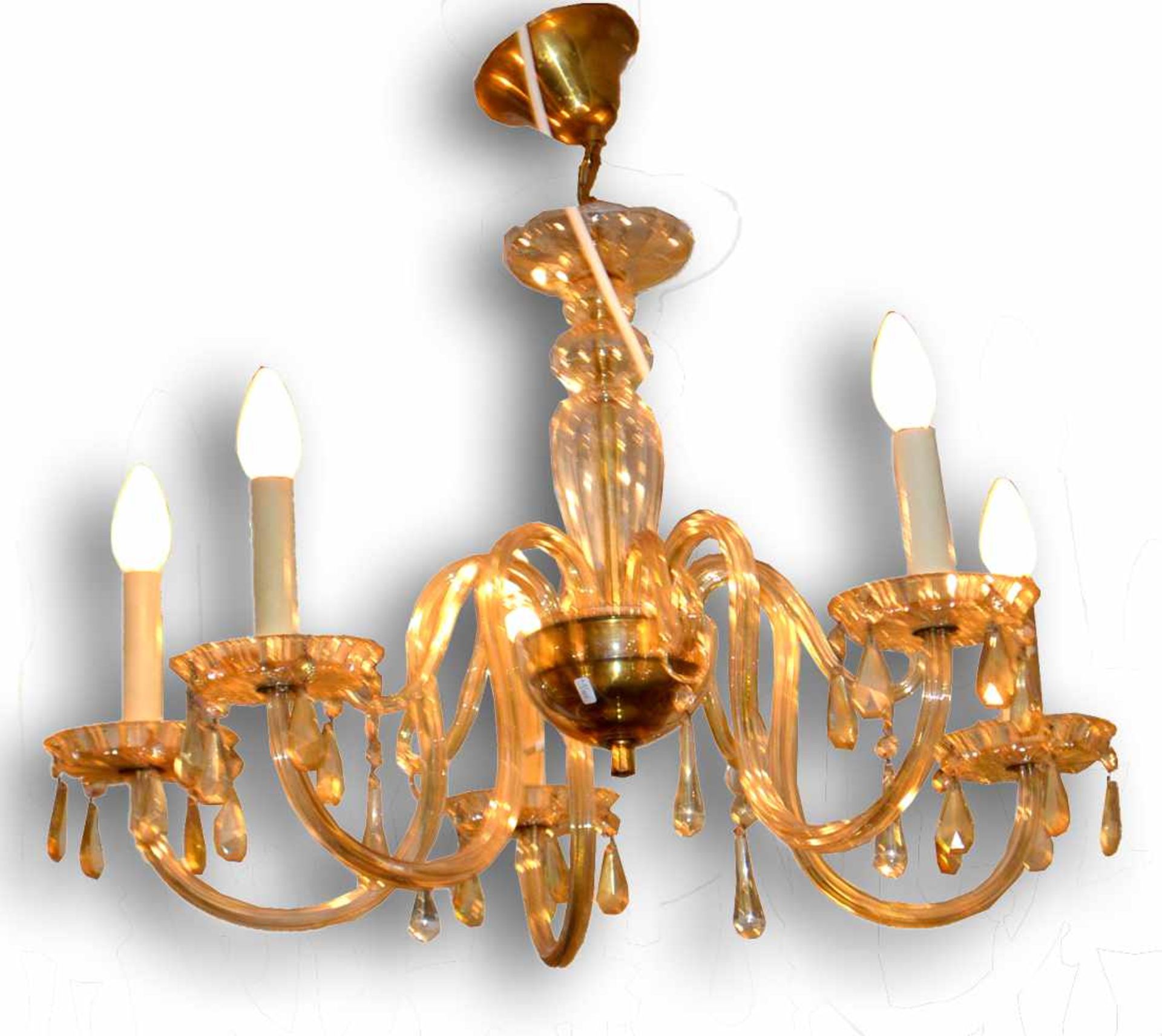 Deckenlampe5-lichtig, bernsteinfarbenes Glas, mit fünf geschwungenen Armen, H 50 cm, Dm 60 cm,