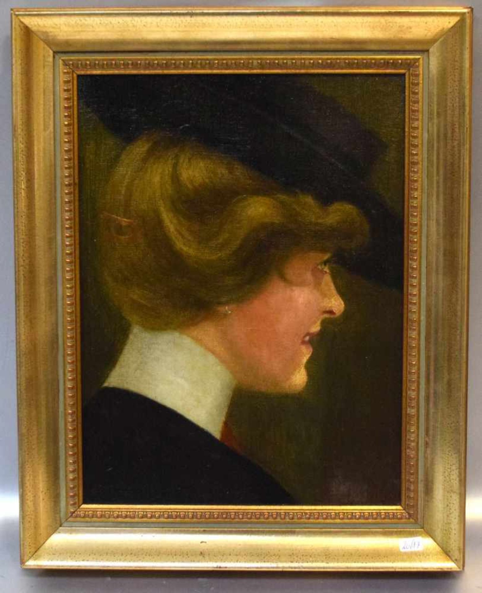 Unbekannter Maler19. Jh., Portrait einer Dame mit schwarzem Hut, Öl/Malpappe, 26 X 34 cm, Rahmen