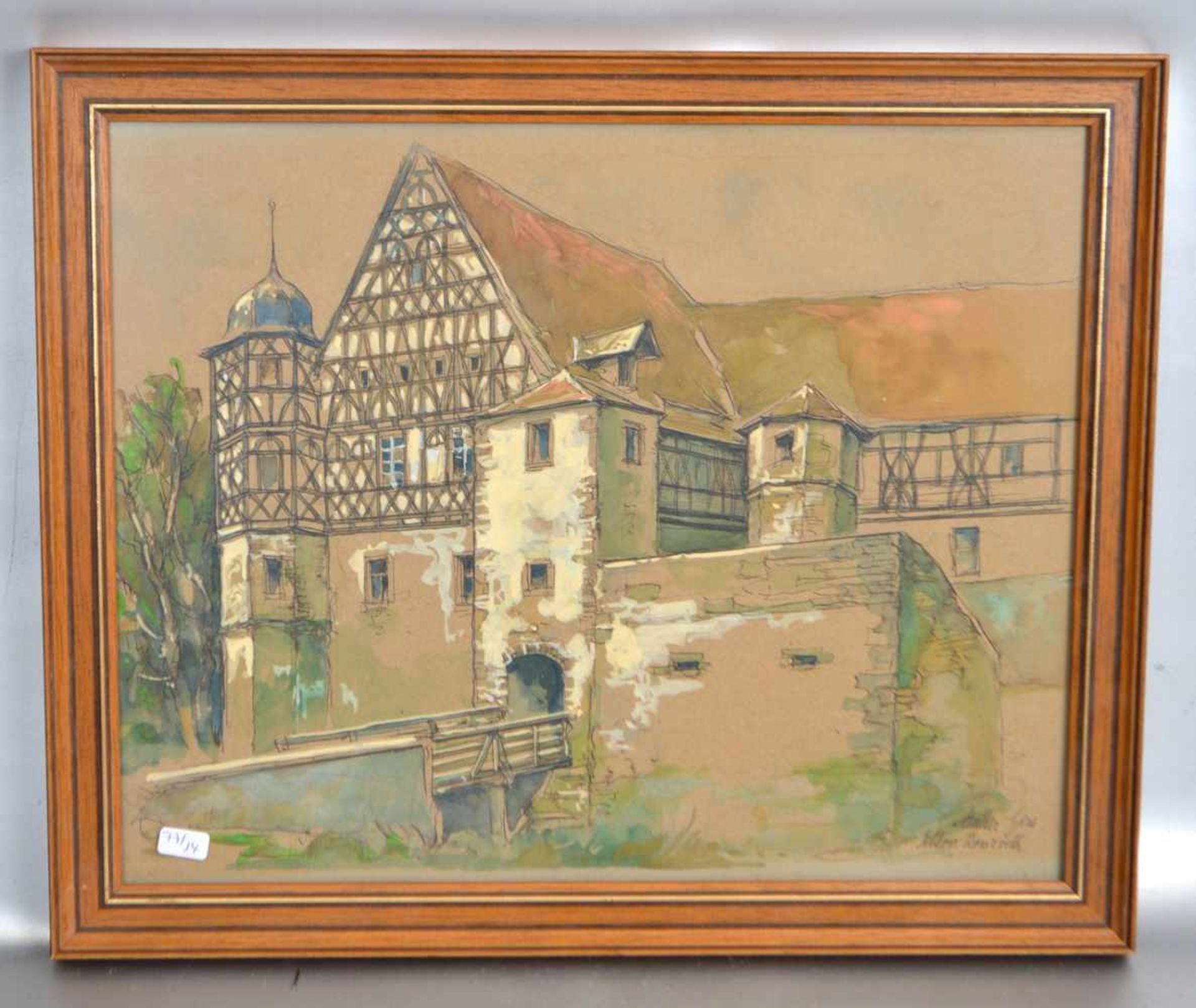 MischtechnikTeilansicht von Schloss Rossrieth, u.r.sign. Willi Müller-Gera, 27 X 34 cm, im Rahmen