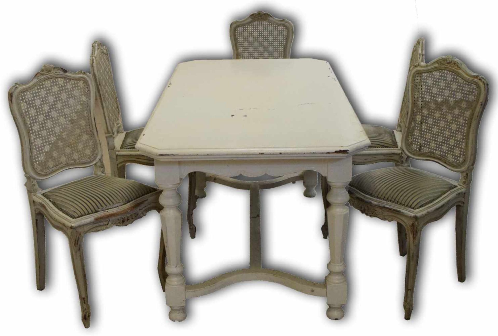 Tisch mit fünf Stühlenim Barock-Stil, Eiche, Tisch: vier gedrechselte Beine mit geschwungener Längs-