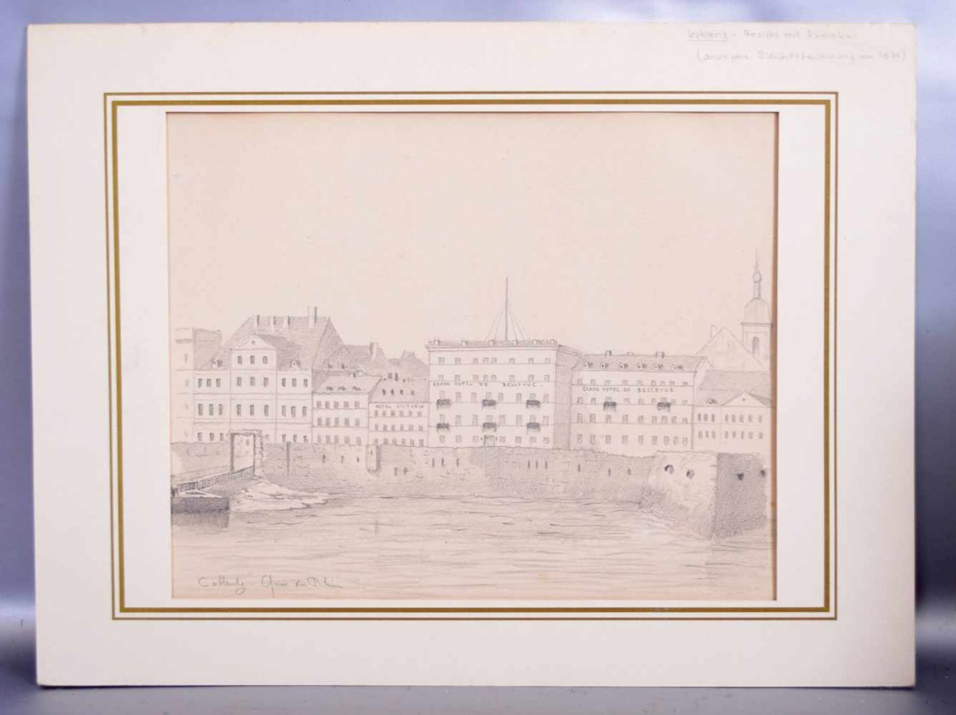 BleistiftzeichnungAnsicht vom Rheinufer in Coblenz mit Grand Hotel de Bellevue, im Passepartout,