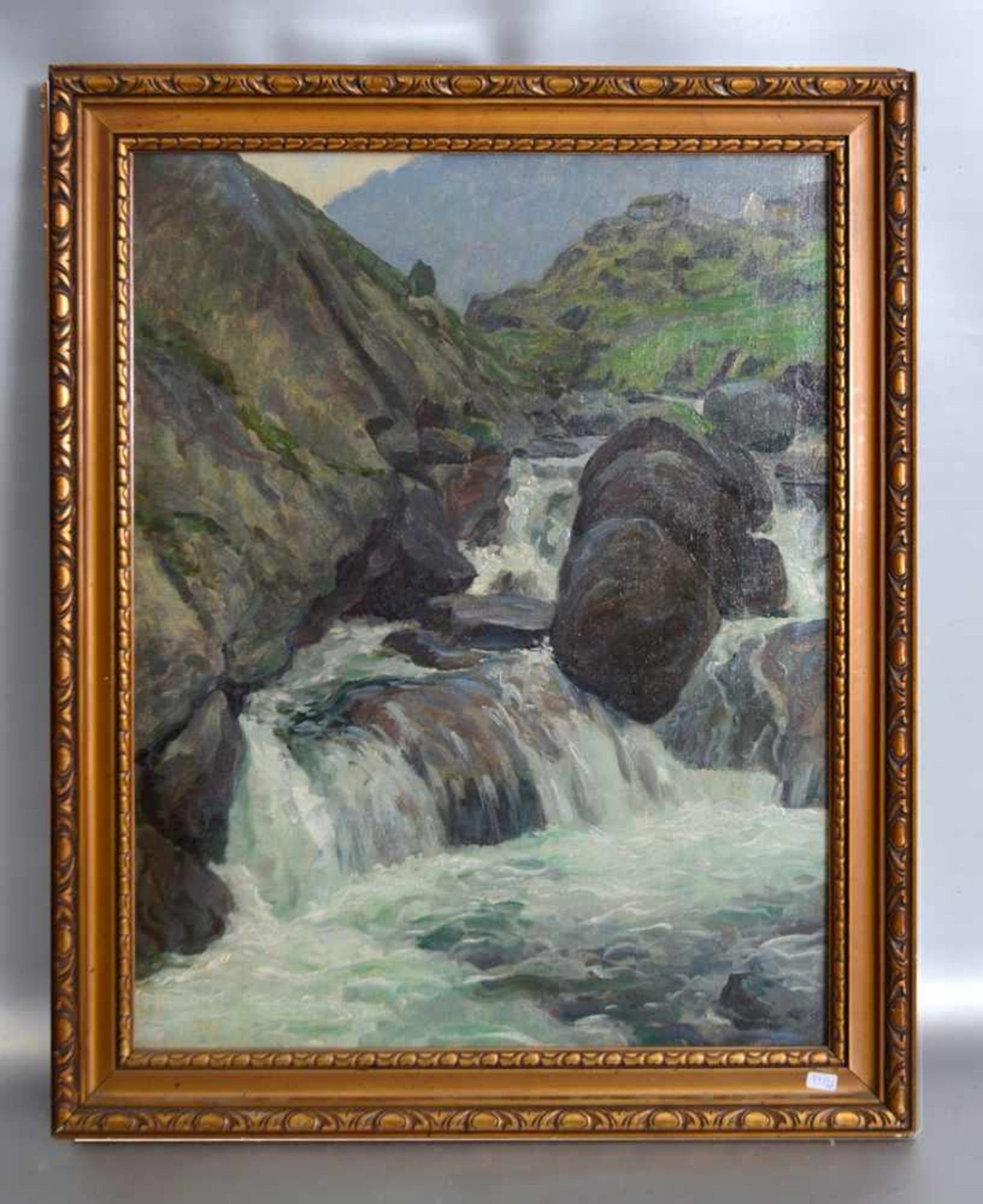 Unbekannter Malerum 1900, Wasserfall im Gebirge, Öl/Lwd., 43 X 56 cm, Rahmen