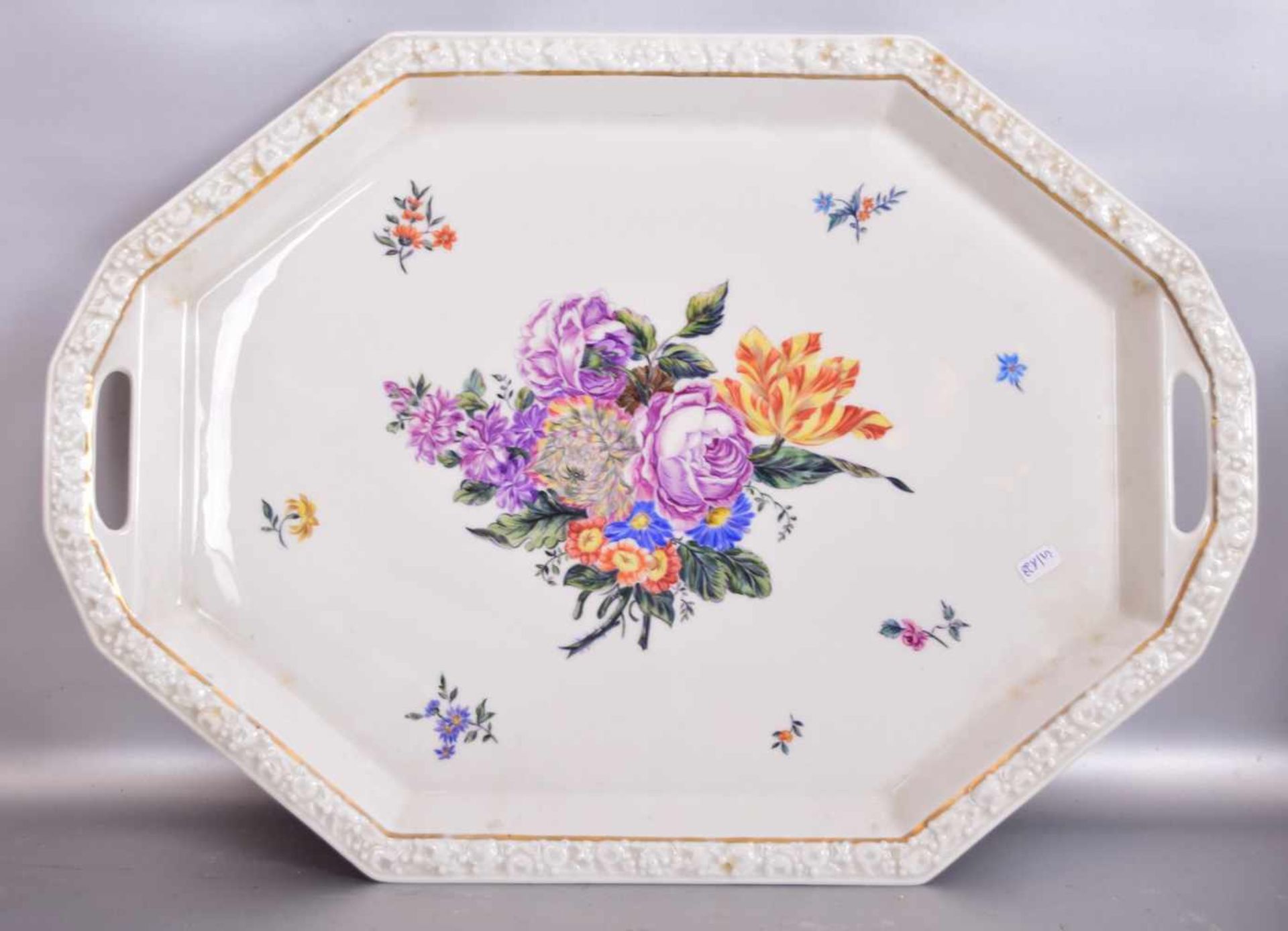 FleischplatteDekor Maria, Goldrand, mit bunter Blumenbemalung, L 50 cm, B 35 cm, FM Rosenthal