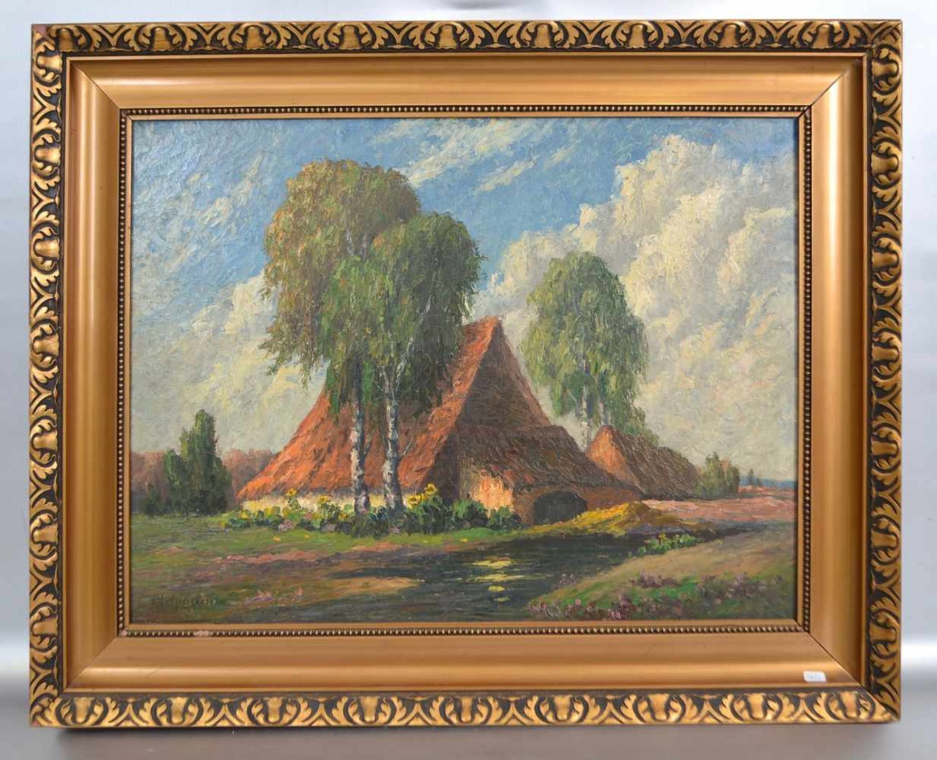 P. Lehmann1895-1961 Remagen, Bauernhof in der Lüneburger Heide, Öl/Sperrholz, u.l.sign., 45 X 58 cm,