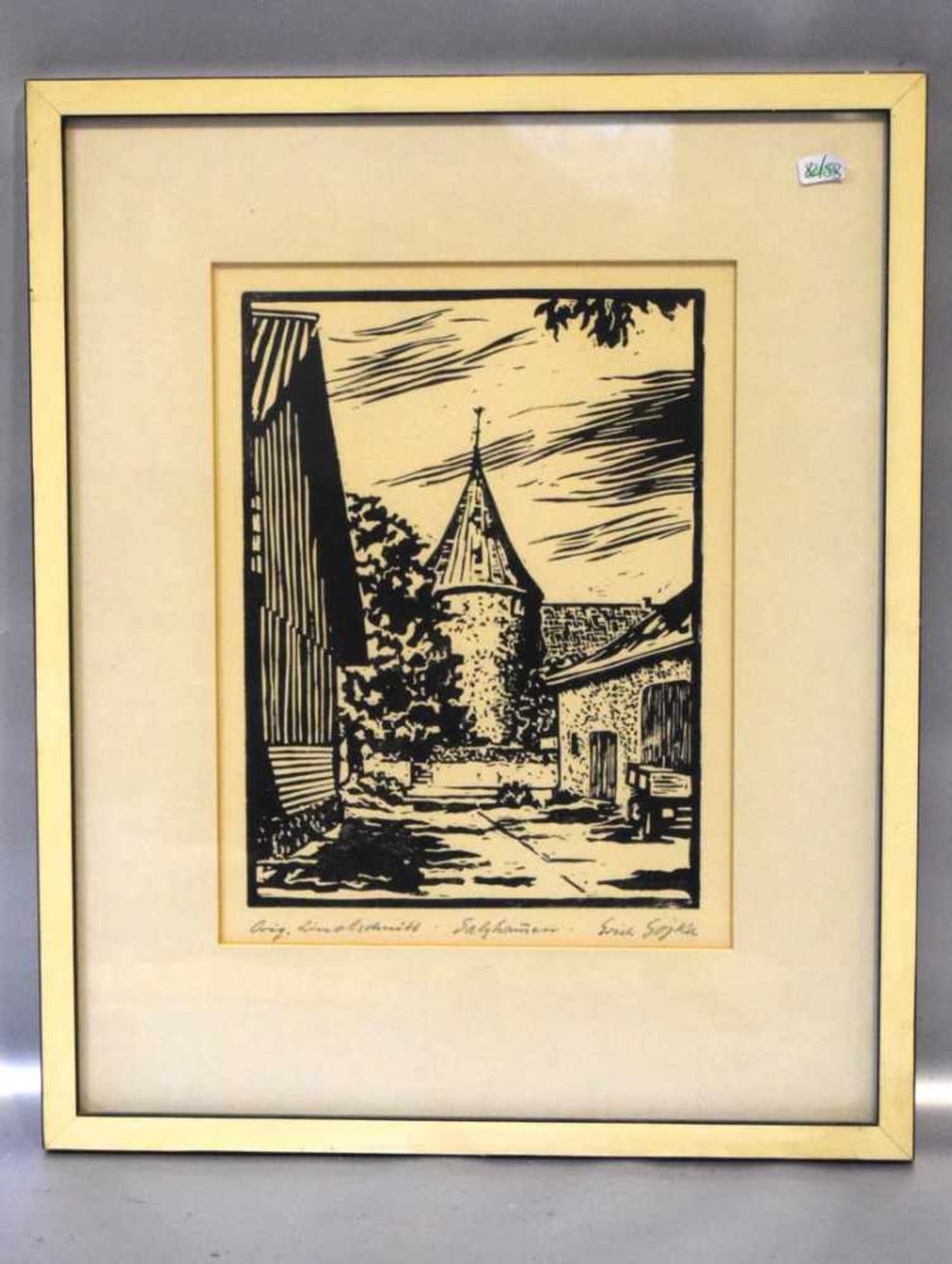 LinolschnittTeilansicht einer Stadt mit Turm, u.sign. und dat., 20 X 27 cm, im Rahmen