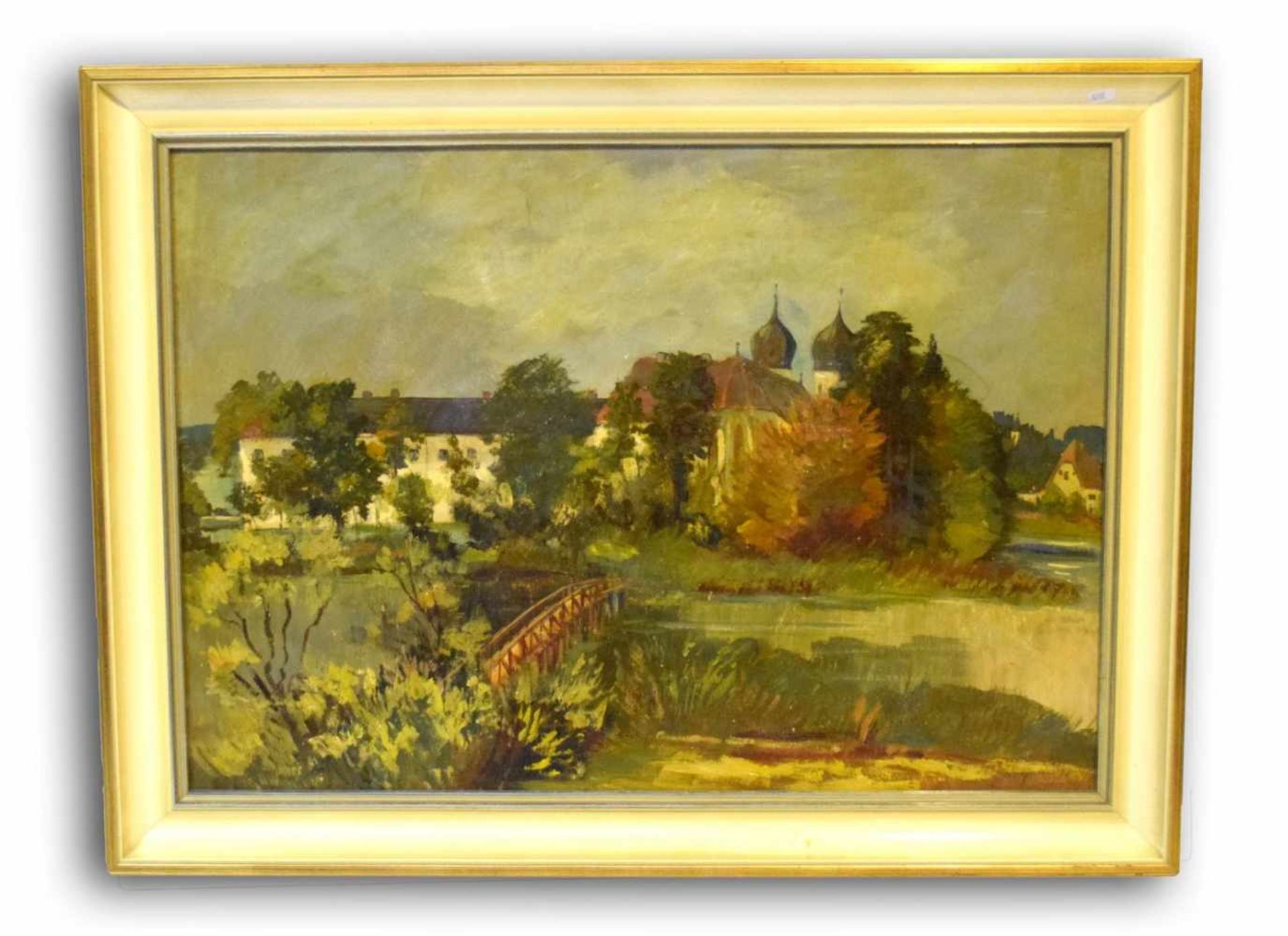 Unbekannter Maler19. Jh., Teilansicht eines Dorfes mit Flusslauf und alter Holzbrücke, im