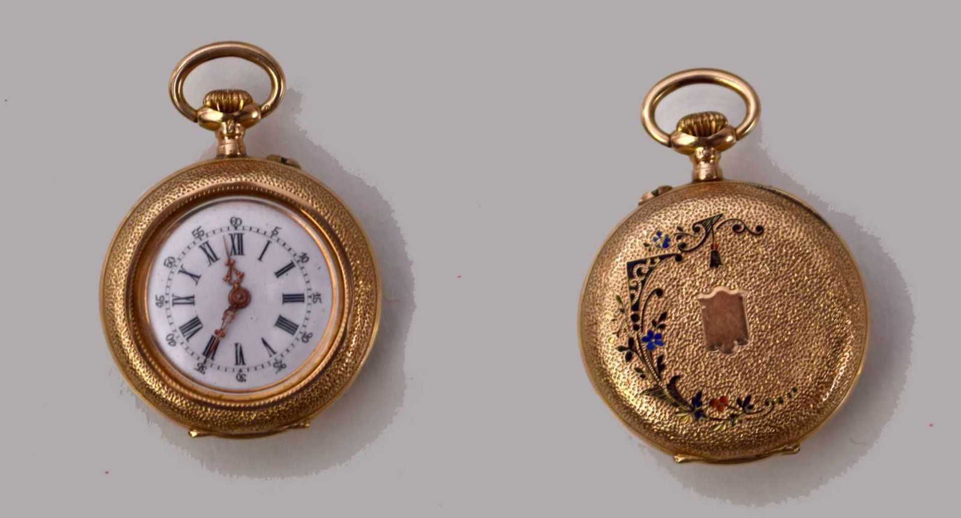 Damentaschenuhr14 kt. Gelbgold, Emailzifferblatt mit römischen Ziffern, um 1880, Funktion nicht