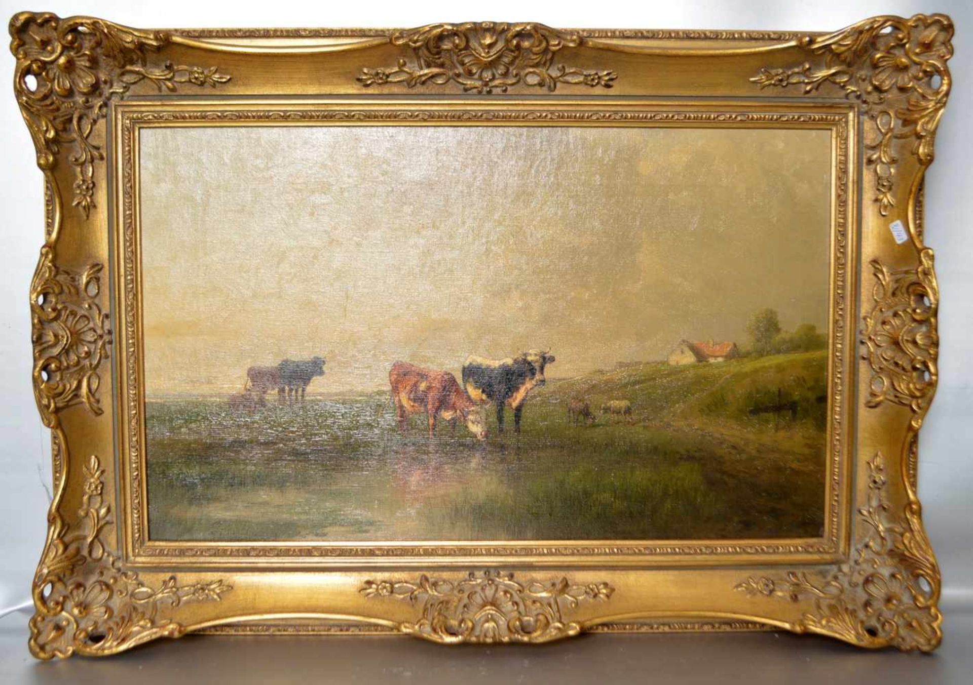 Peter Bücken1831 Burtscheid-1915 Aachen, Kühe und Schafe am Gewässer, im Hintergrund weites Land mit