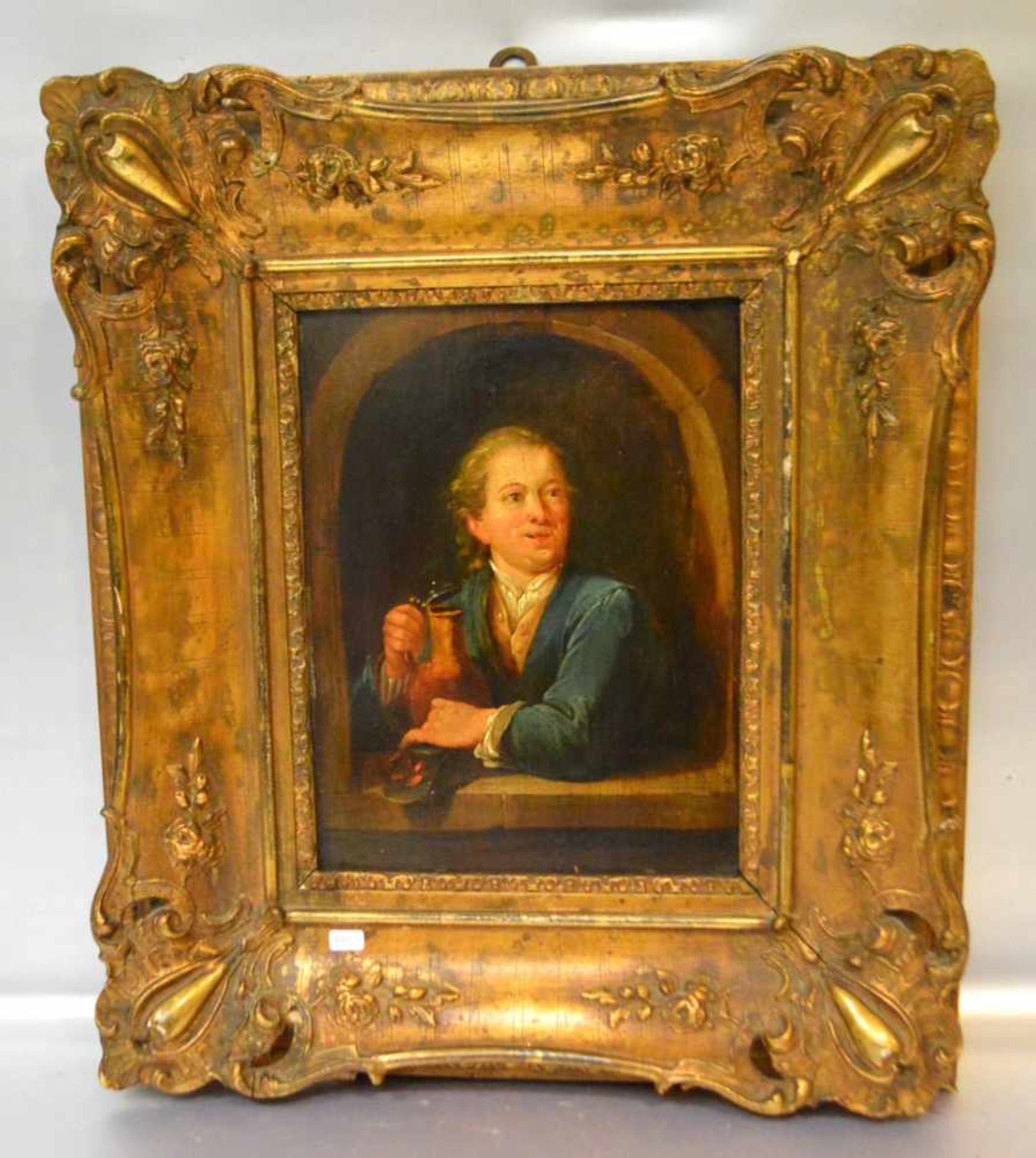 Unbekannter Maler18. Jh., Mann mit Weinkrug am offenen Fenster, Öl/Holz, 23 X 29 cm, Goldrahmen