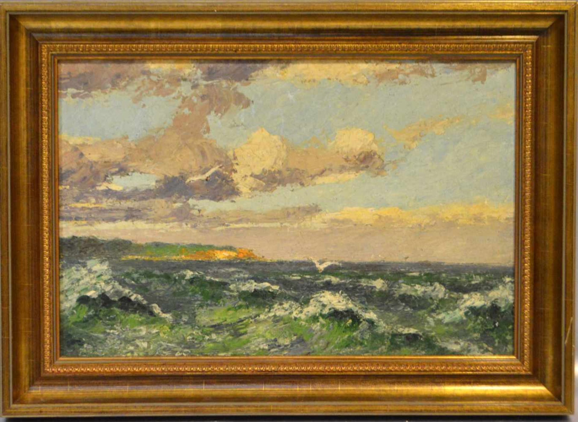 Unbekannter Malerum 1900, Möwen vor Helgoland, Öl/Hartfaserplatte, 30 X 44 cm, Rahmen