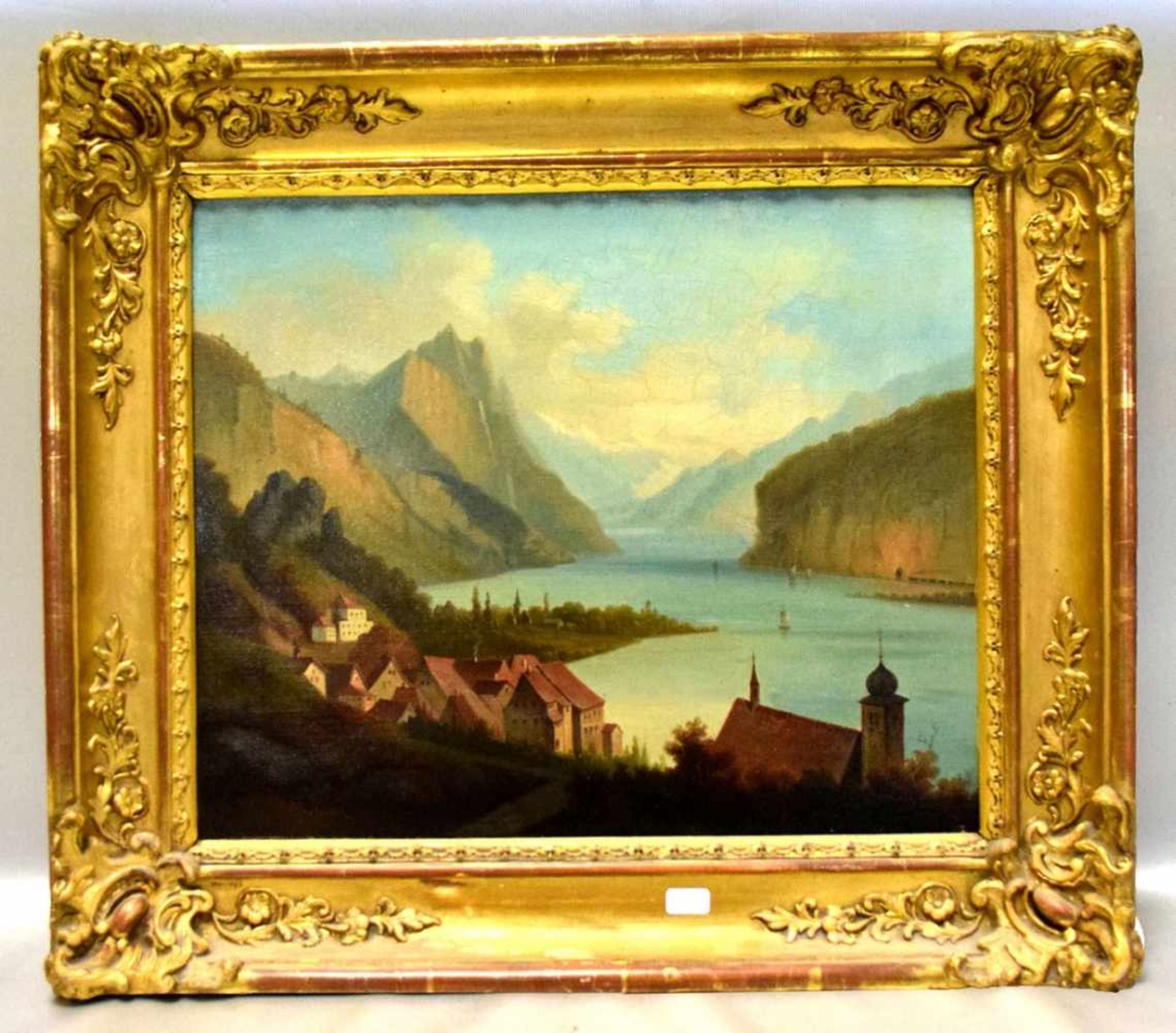 Unbekannter Maler2. Hälfte 19. Jh., See im Gebirge, im Vordergrund Teilansicht eines Dorfes mit