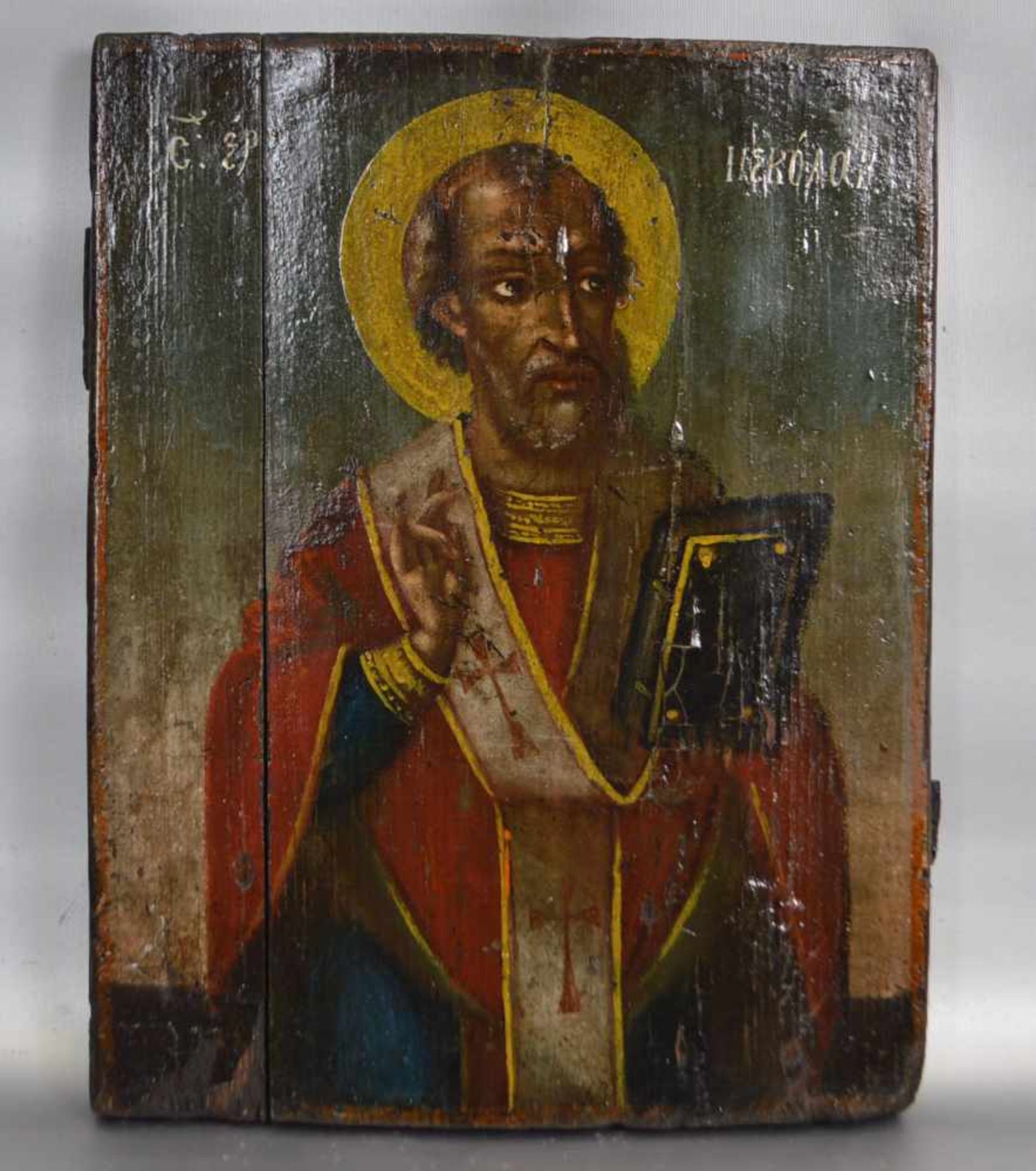 IkoneDarstellung des Hl. Nikolaus, Öl/Holz, mit kyrillischen Schriftzeichen, 21 X 27 cm, 1. Hälfte