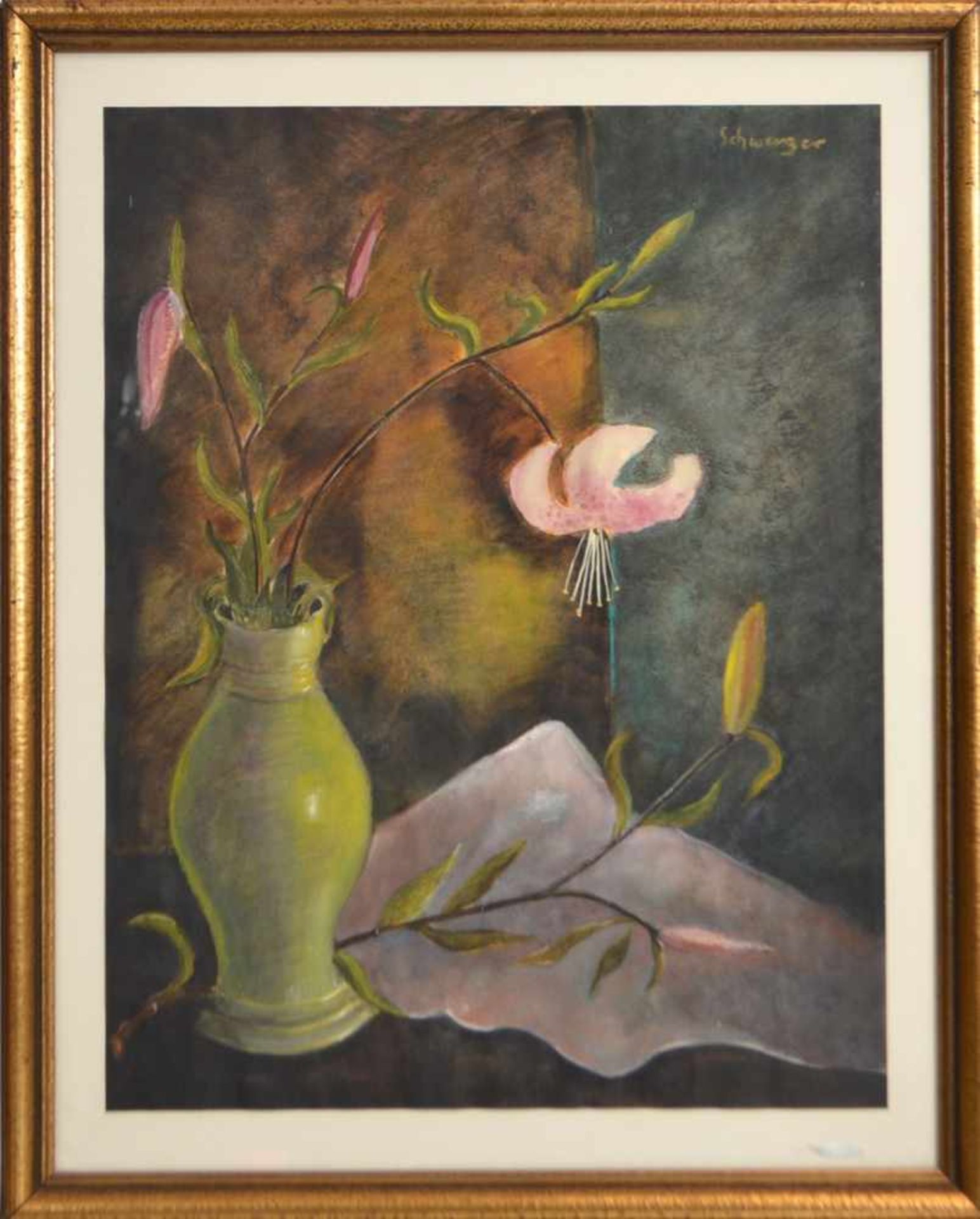 AquarellBlumenstilleben, rosa Blüten in Vase, o.r.sign. Schwenzer, 40 X 53 cm, im Rahmen
