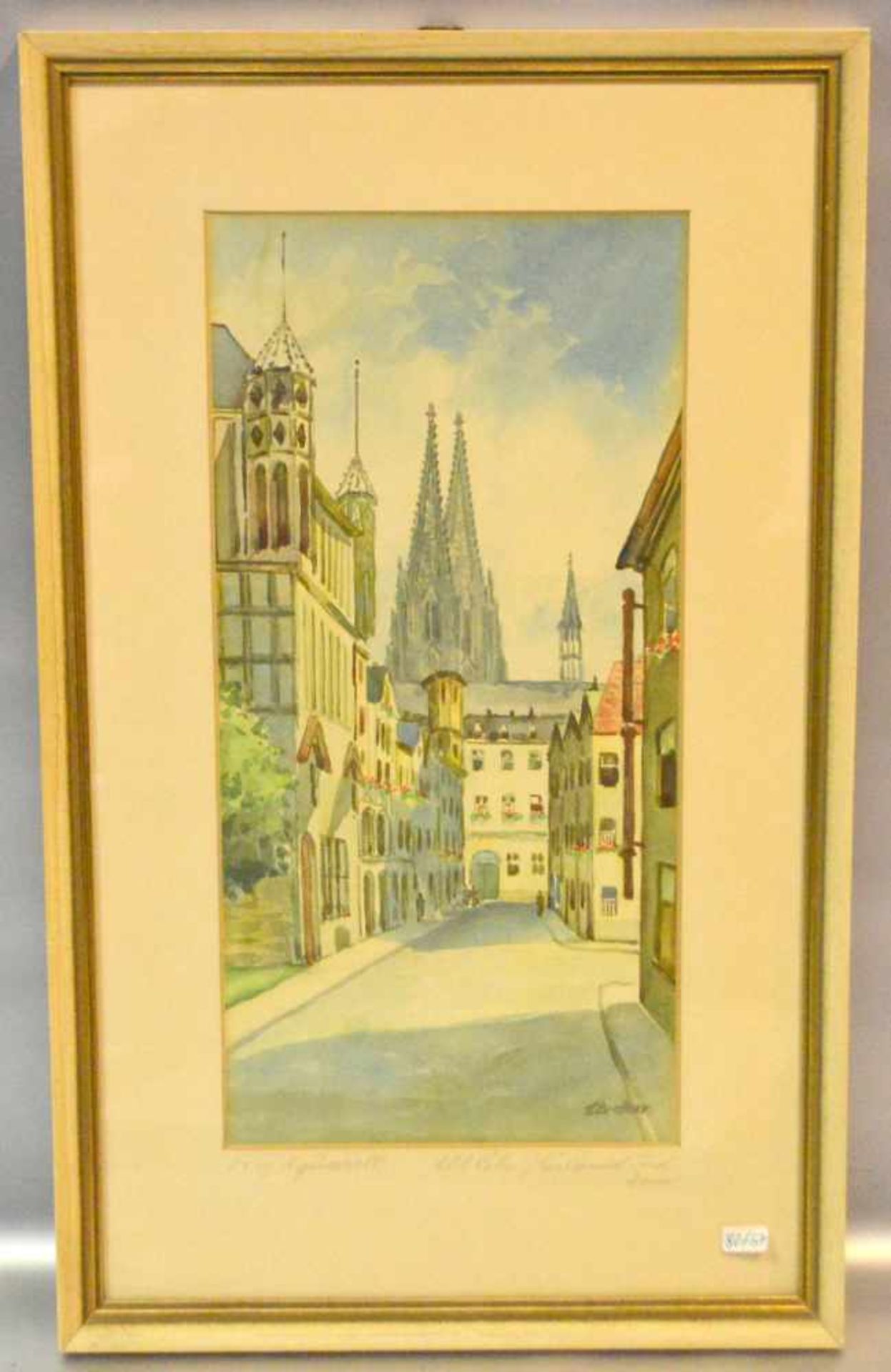 AquarellTeilansicht von Köln mit Dom, u.r.sign. Brettner, 18 X 36 cm, im Rahmen