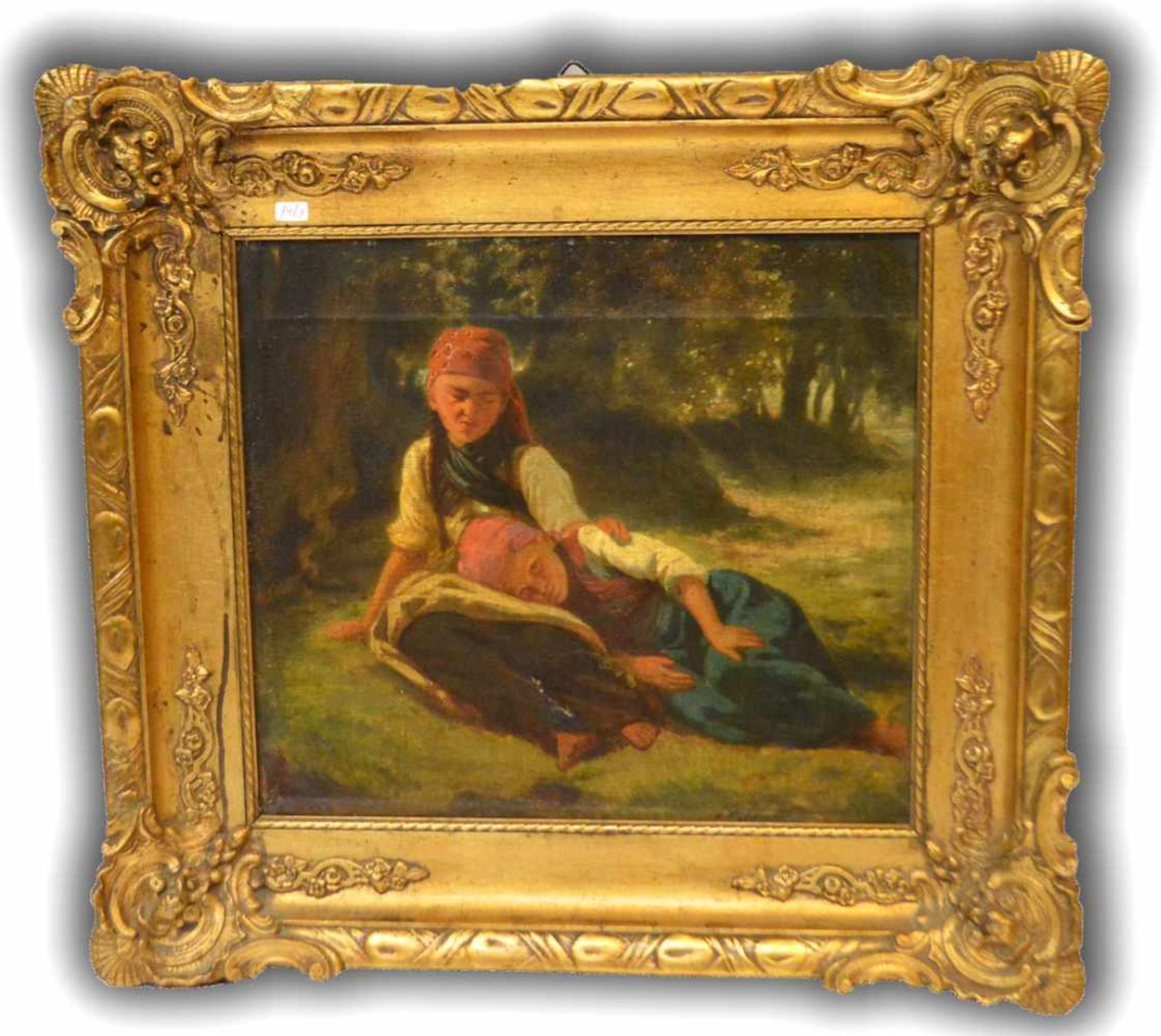 Unbekannter Maler19. Jh., zwei rastende Mädchen im Wald, Öl/Lwd., u.r.sign., 33 X 38 cm, dek.