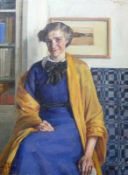 Waentig, Walter (1881 Zittau - 1962 Gaienhofen)"Junge Frau auf Sofa sitzend"; in blauem Kleid mit