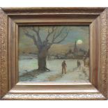 Sambourg, G. (19.Jh.)"Winterlandschaft" bei Vollmond; Kirchgänger auf einem Weg; ÖL/Holz; links