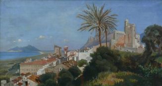 Italienischer Landschafter (um 1900)"Blick auf Stadt an Küste"; ÖL/LW; 55 x 100 cm; R; Rahmenmaß: 65