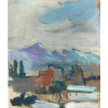 Hirt, Paul (Villingen 1898 - 1951)"Alpenlandschaft" mit Häusergruppe; ÖL/LW; unter PP hinter Glas