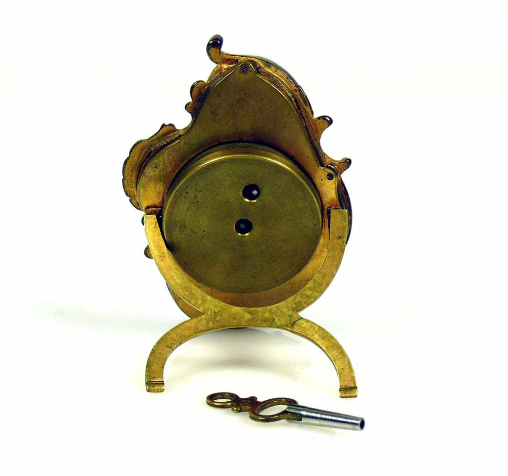 Miniatur-Uhr (2.H.19.Jh.)hochformatiger, floral geschwungener Gehäuserahmen in Bronze; rückseitig - Bild 3 aus 6