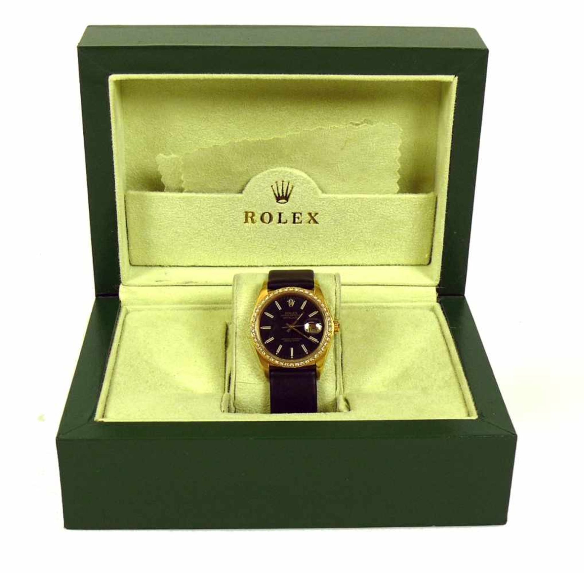 ROLEX-ArmbanduhrDate Just; 36 mm; 18ct GG-Gehäuse mit Diamantlunette; schwarzes Ziffernblatt; Ref.- - Bild 5 aus 9