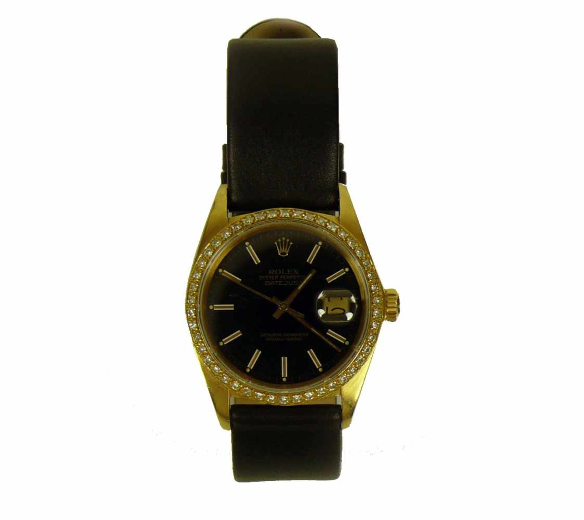 ROLEX-ArmbanduhrDate Just; 36 mm; 18ct GG-Gehäuse mit Diamantlunette; schwarzes Ziffernblatt; Ref.- - Bild 6 aus 9