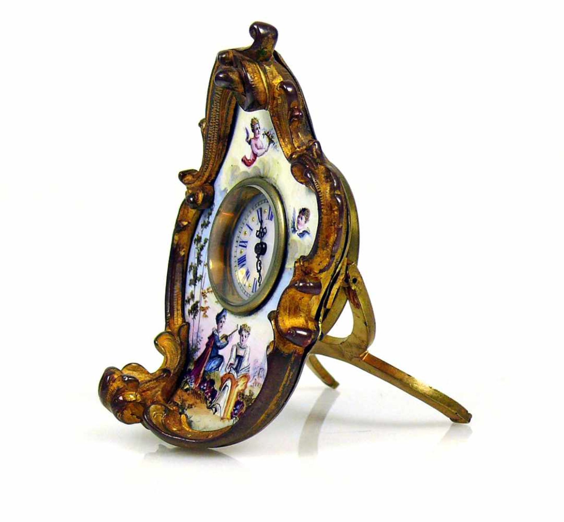 Miniatur-Uhr (2.H.19.Jh.)hochformatiger, floral geschwungener Gehäuserahmen in Bronze; rückseitig - Bild 2 aus 6