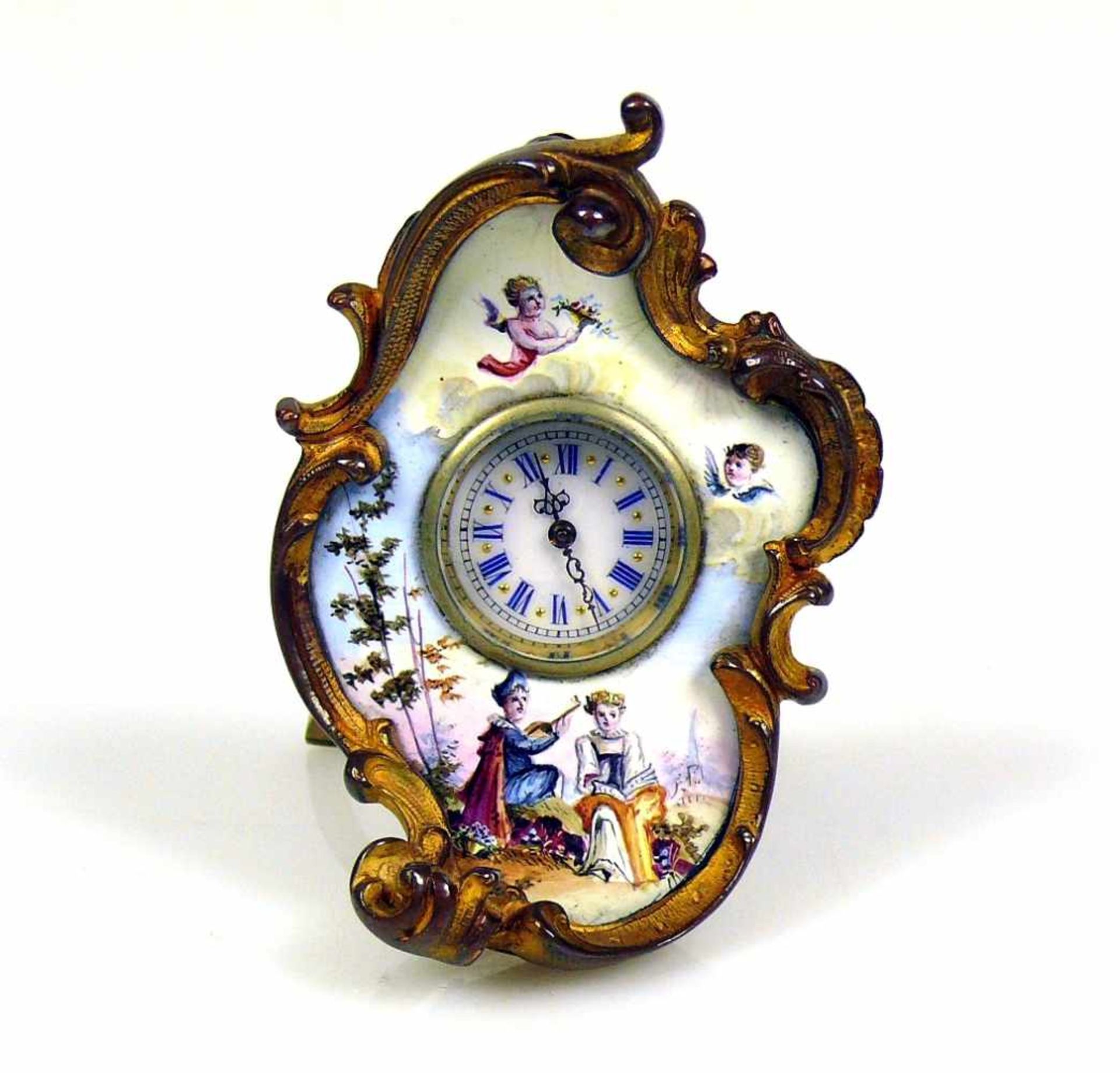 Miniatur-Uhr (2.H.19.Jh.)hochformatiger, floral geschwungener Gehäuserahmen in Bronze; rückseitig