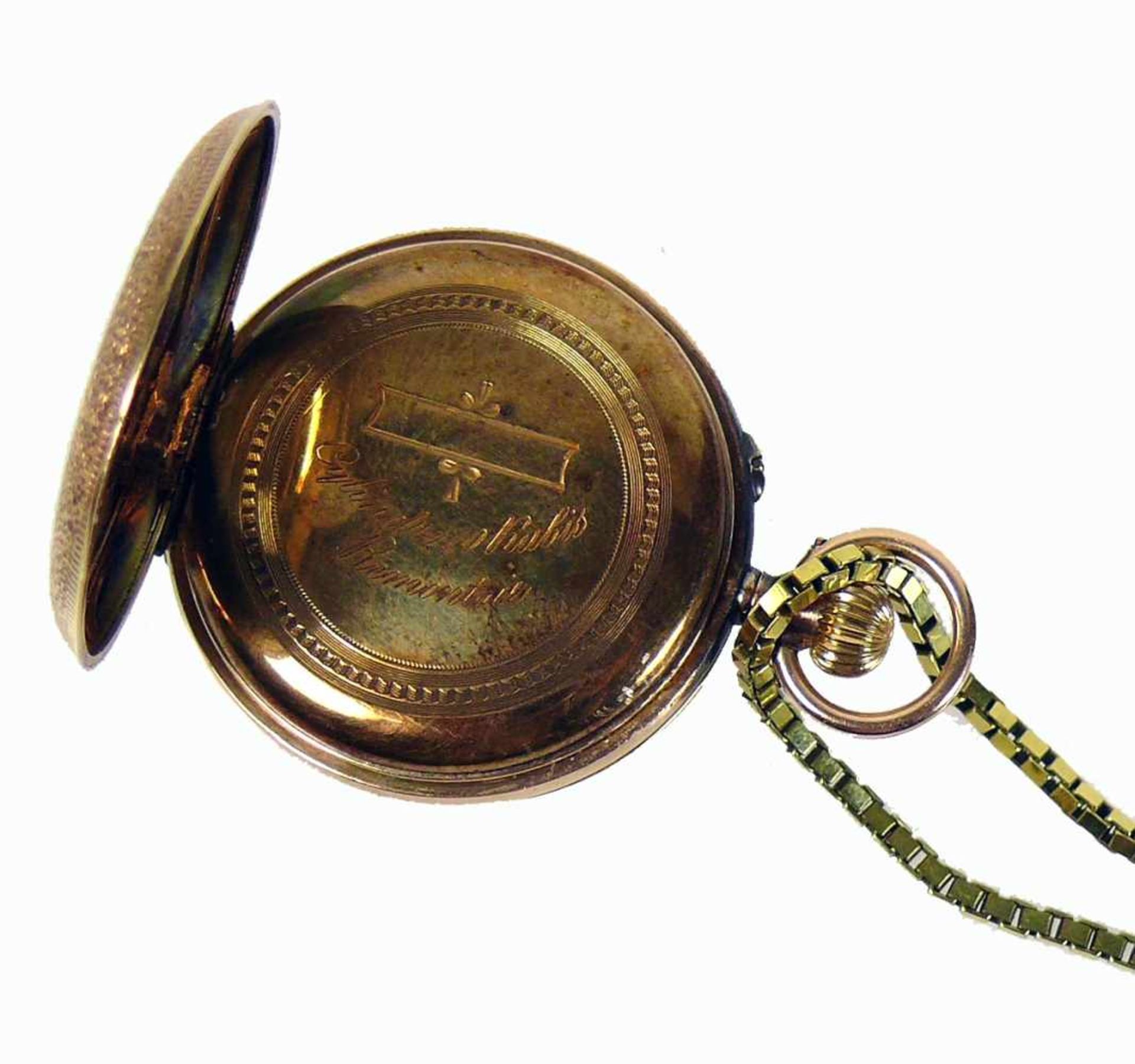 Damen-Taschenuhr (um 1900)14ct GG; Frontdeckel mit runder Sichtscheibe auf Ziffernblatt, dieses - Bild 3 aus 5