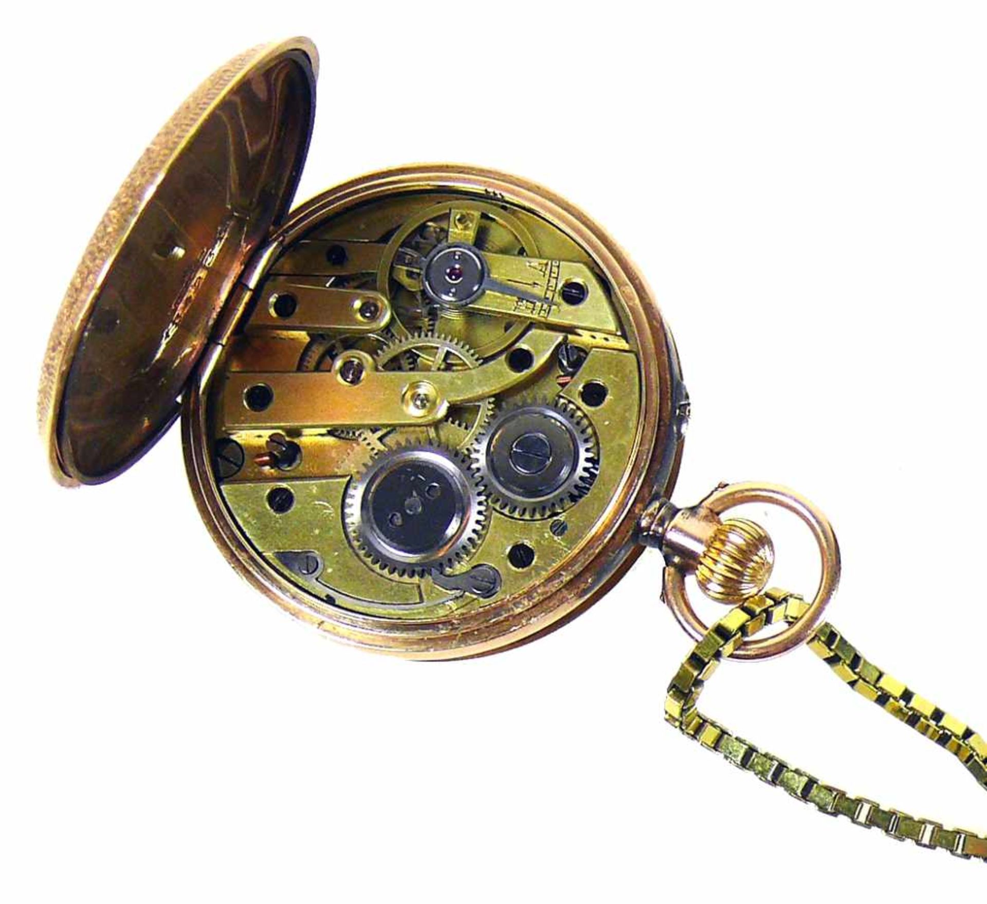 Damen-Taschenuhr (um 1900)14ct GG; Frontdeckel mit runder Sichtscheibe auf Ziffernblatt, dieses - Bild 2 aus 5