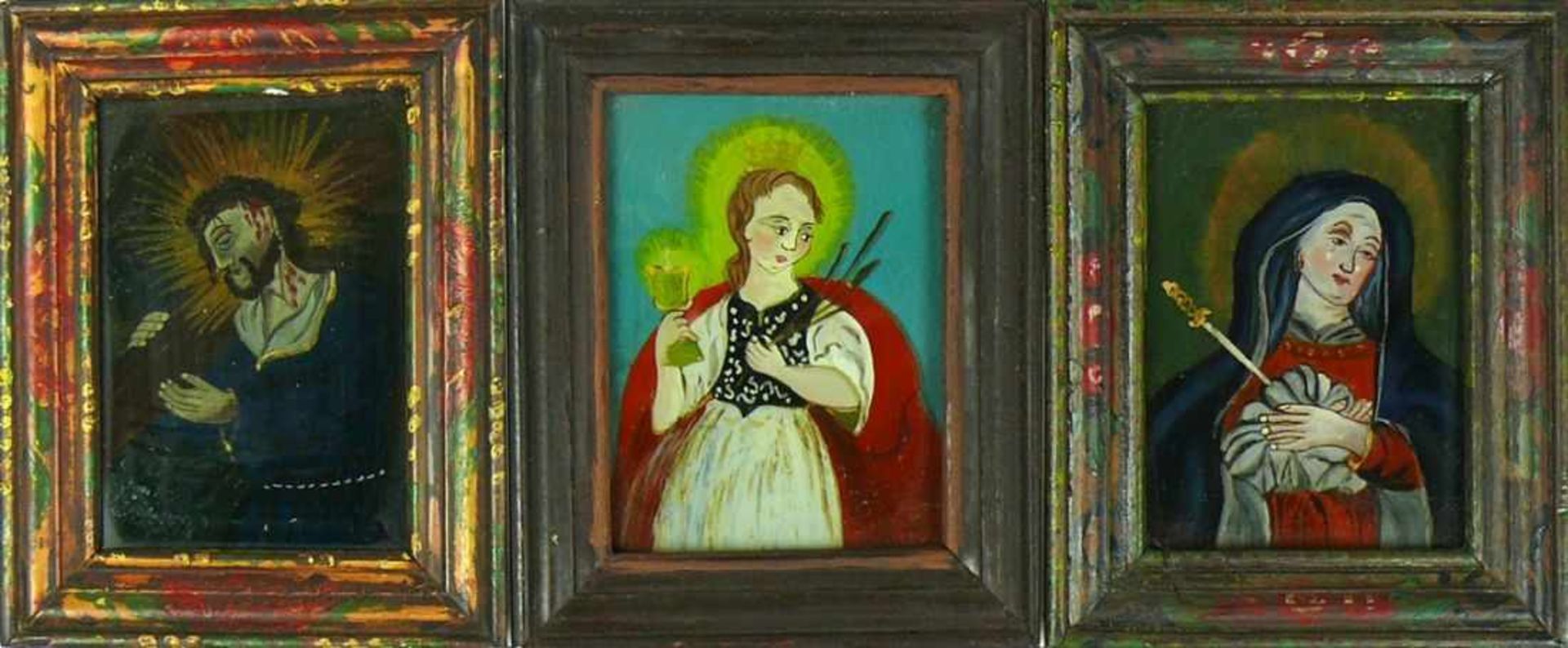 3 div. Hinterglasbilder (19.Jh.)div. religiöse Darstellungen; jeweils ca. 10 x 8 cm; je R;