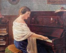 Deutsche Schule (um 1900)"Junge Frau beim Klavierspiel"; ÖL/Malkarton; ca. 22 x 27 cm; R;