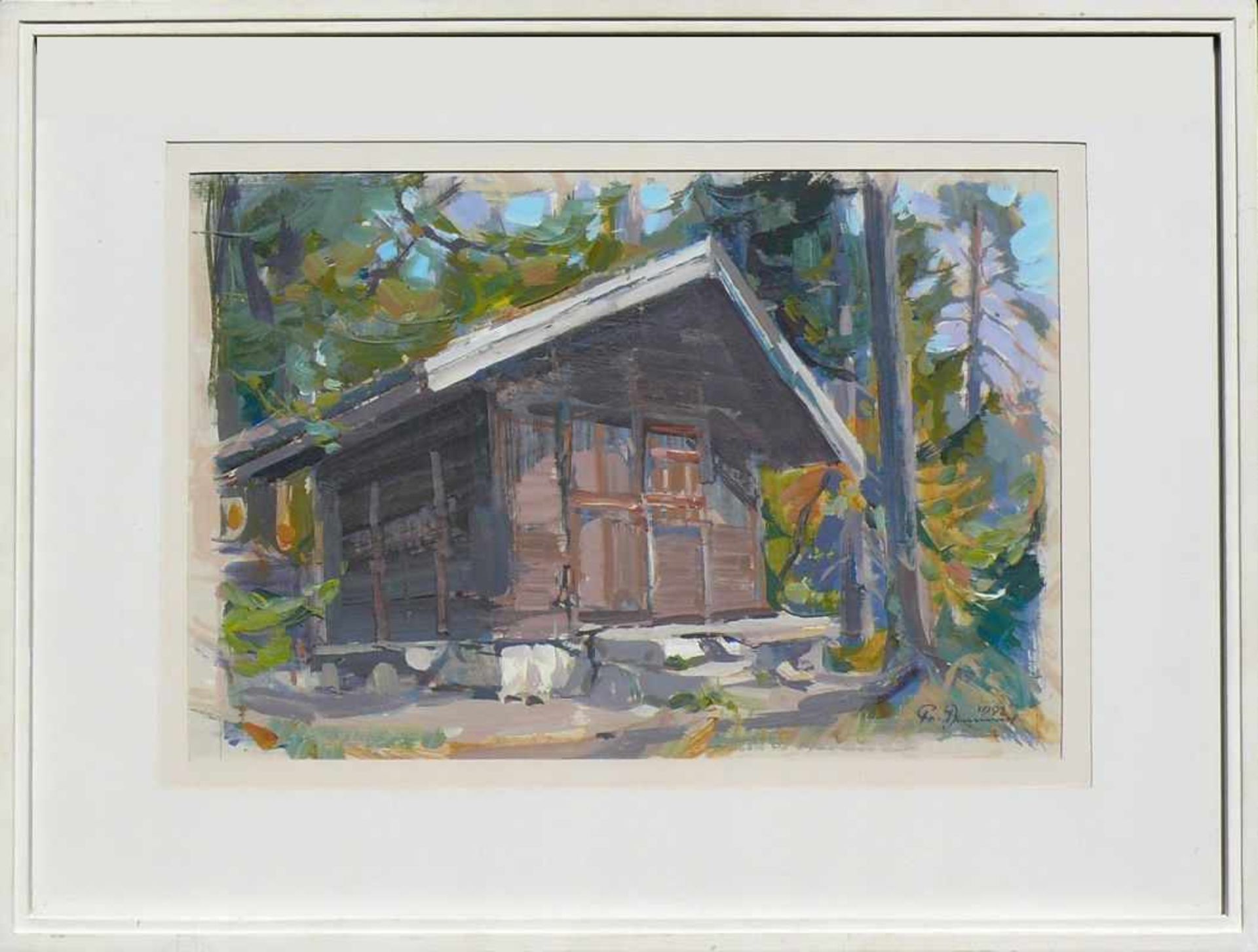 Dummel, Fritz (1922 Bankholzen/Höri - 2009)"Jagdhütte am Bodanrück"; Mischtechnik/Karton; rechts - Bild 3 aus 3